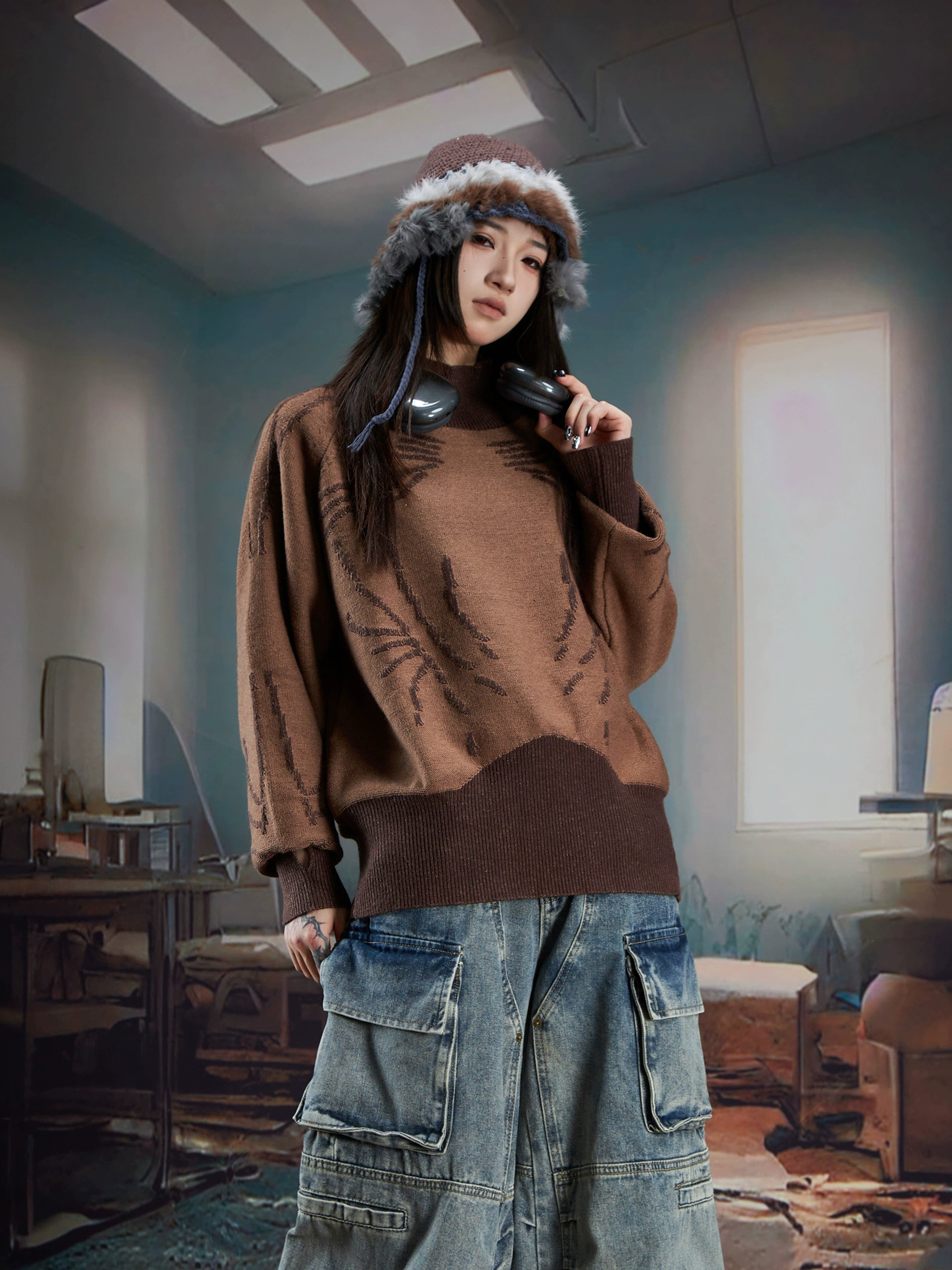 Futuristic Turtleneck Knit Sweater with Ninja Sleeve Design