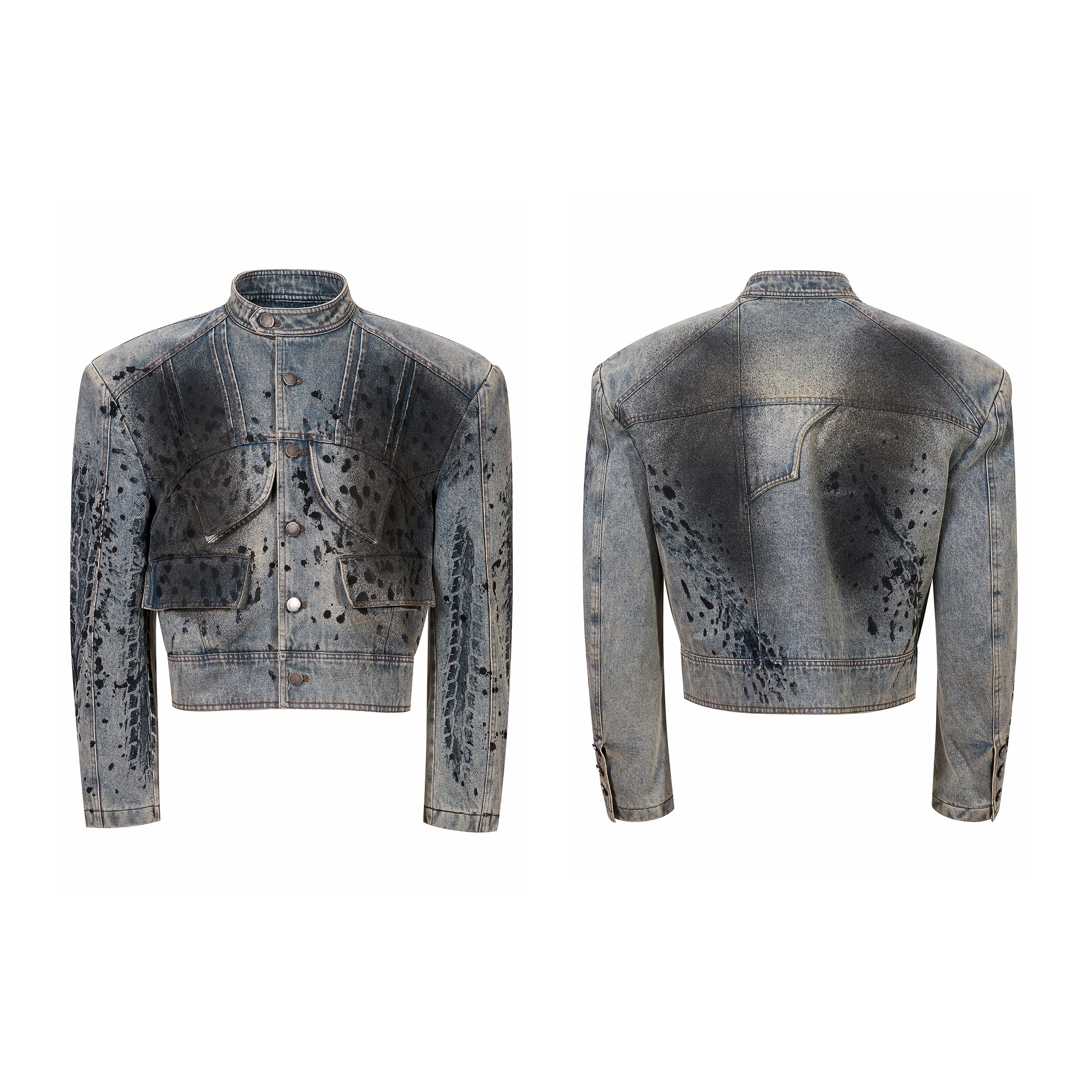 Washed Tire Print Padded Denim Jacket Set