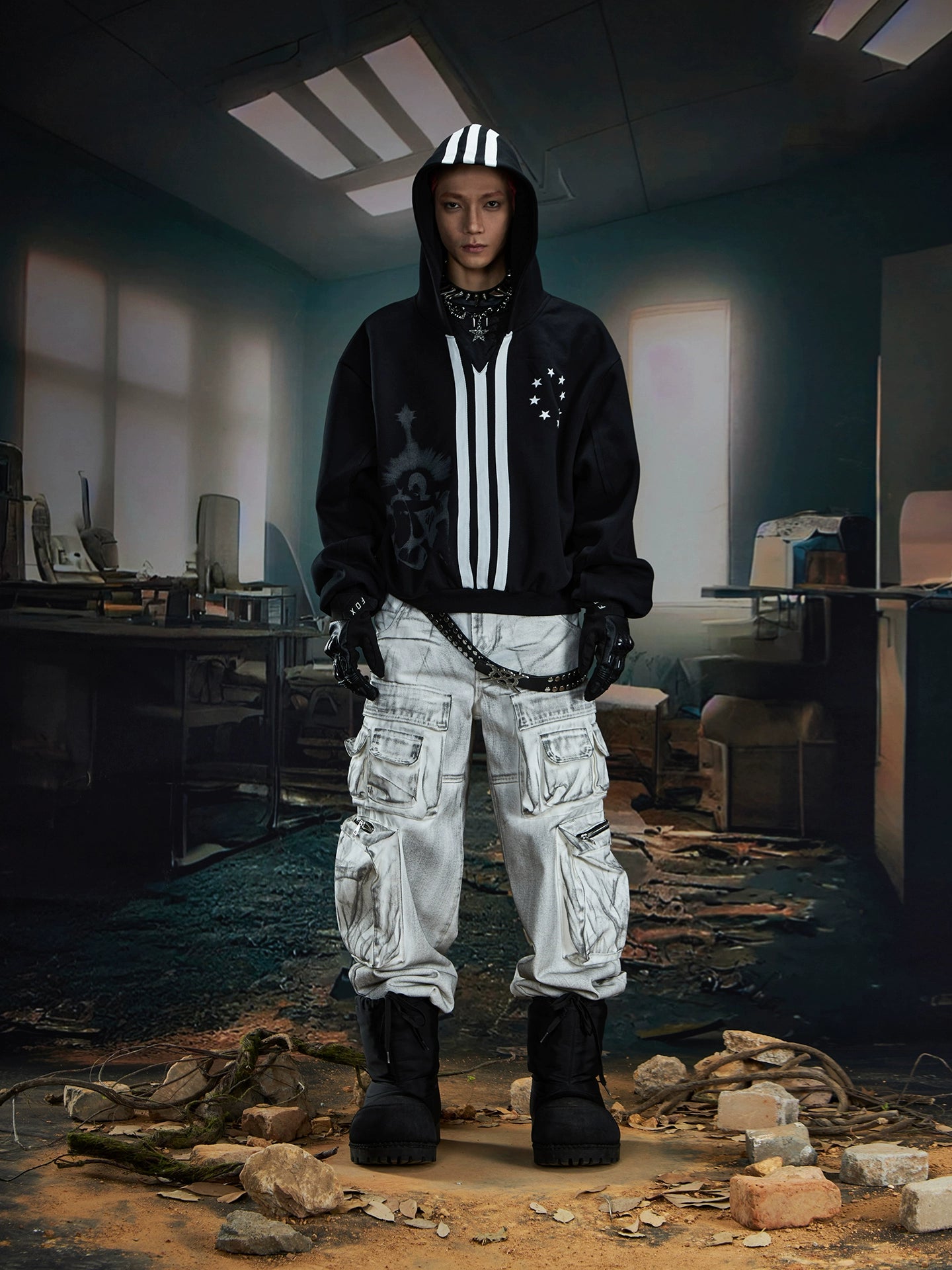 Triple-Stripe Oversized Hooded Sweatshirt