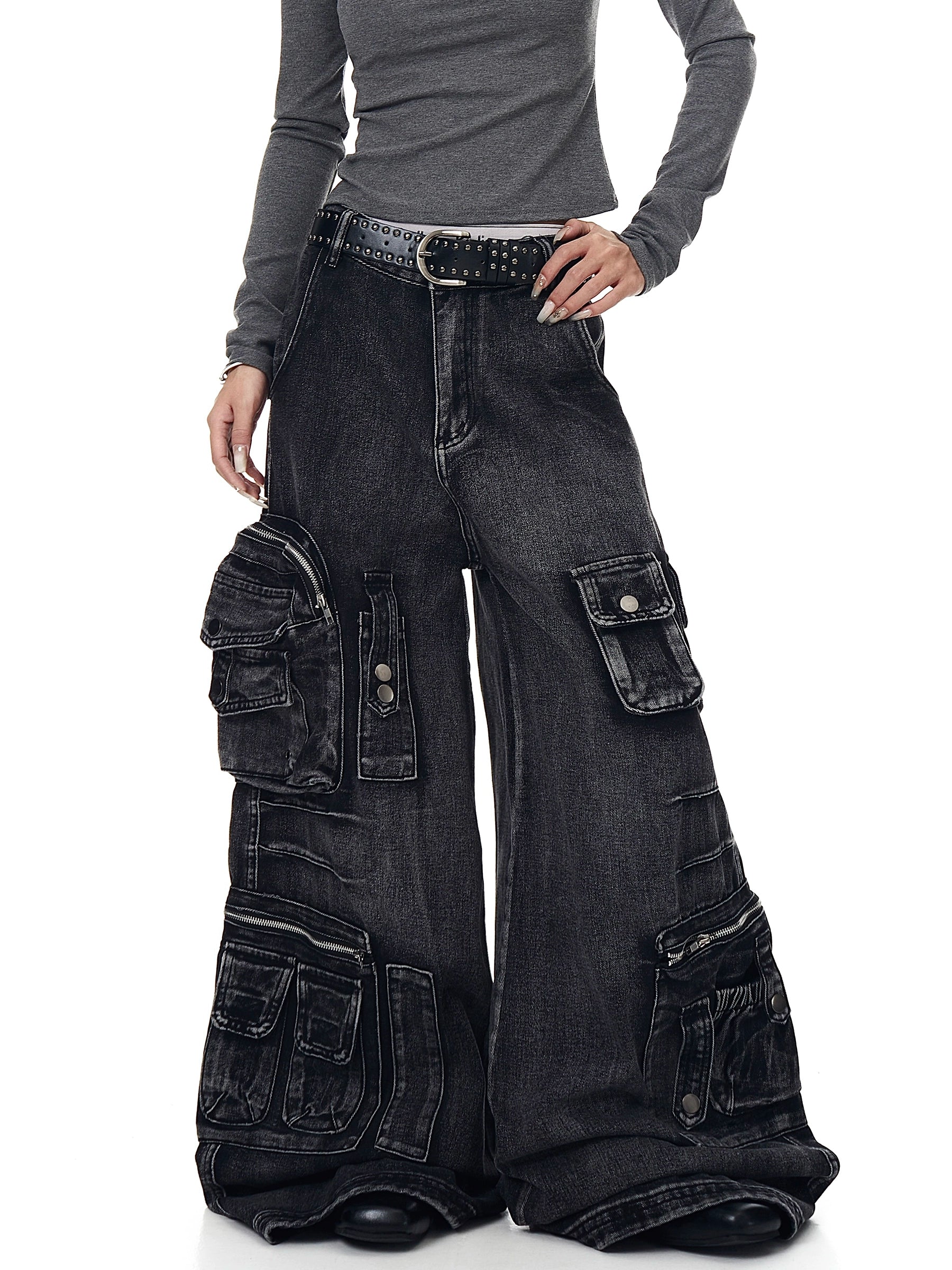 High Street Distressed Multi-Pocket Denim Cargo Pants