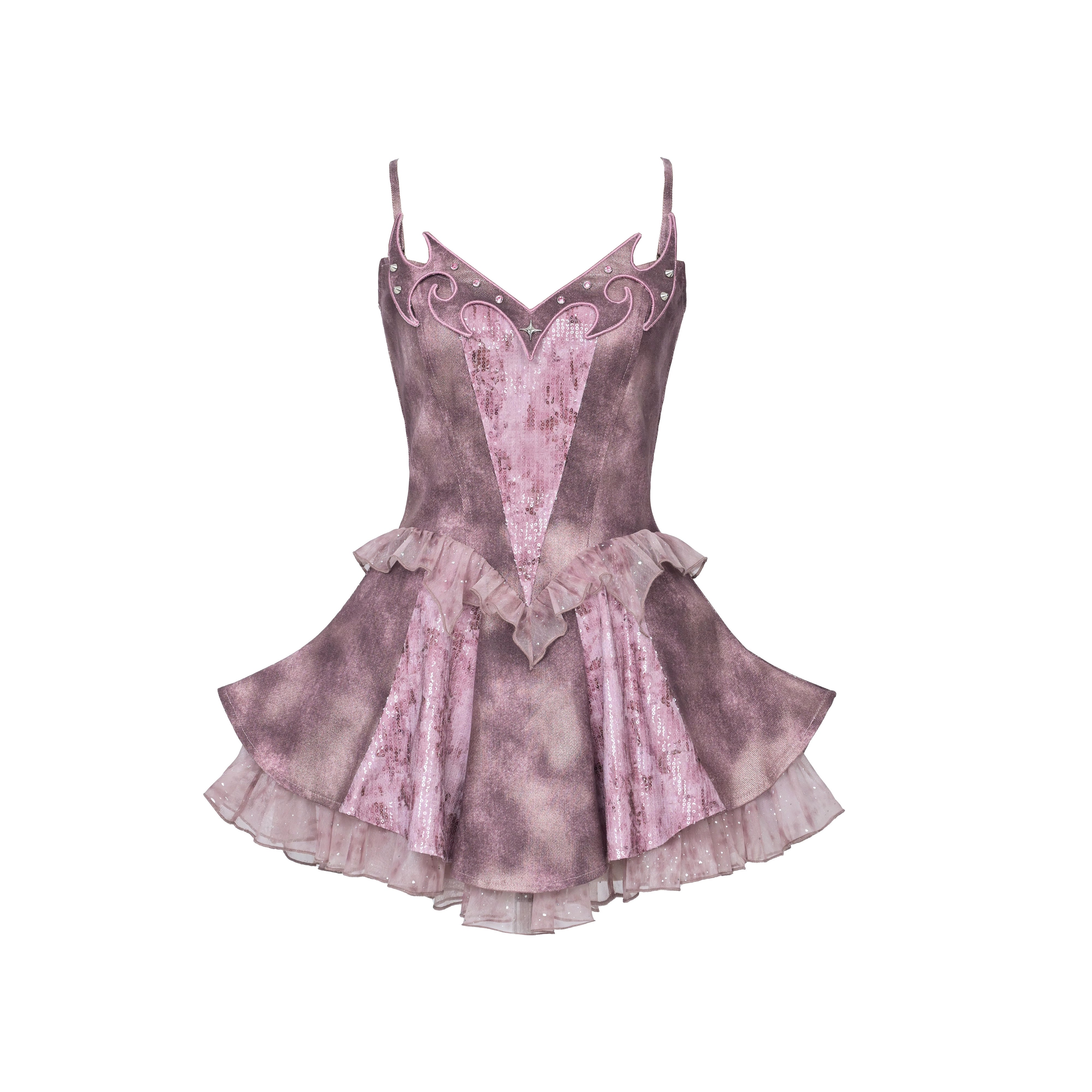 Sanhoostudio Sequin Stud Denim Dress crafted from 100% polyester features Y2K punk style with embroidered studs and sequin accents. Perfect for summer streetwear, casual outings, or festival looks.