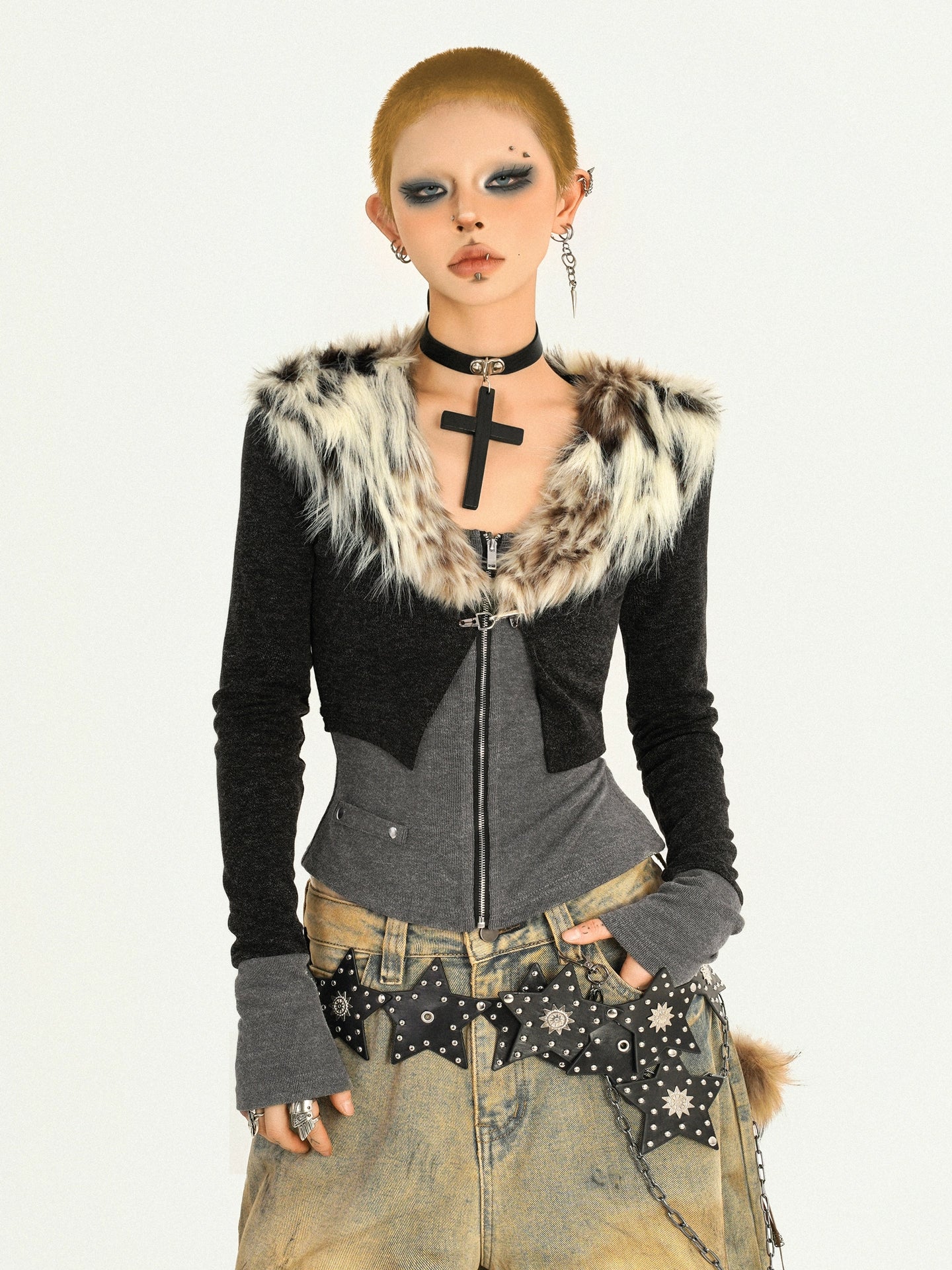 Leopard Fur Collar Knit Cardigan