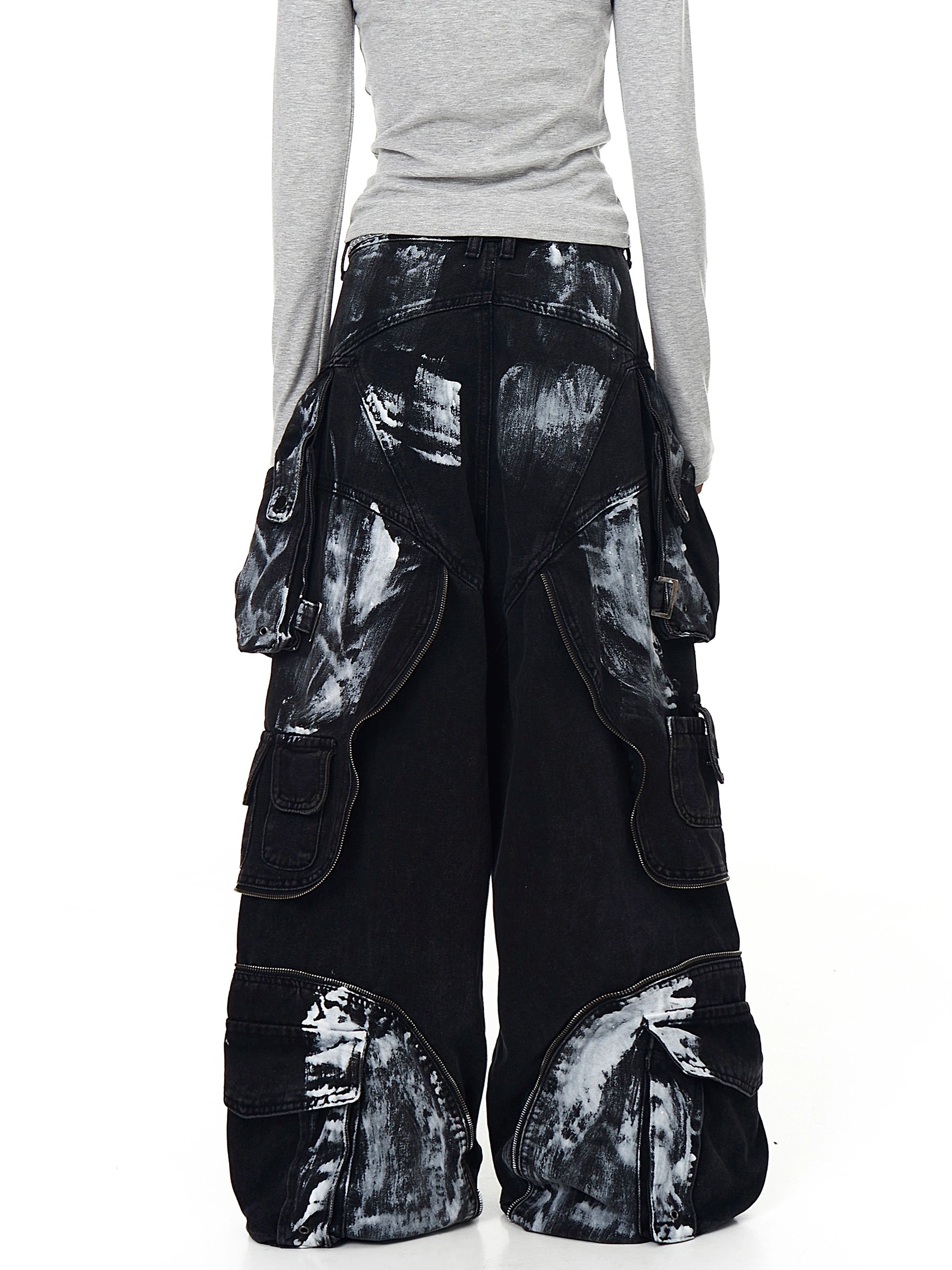 Heavy Graffiti Painted Cargo Denim Pants with Multi Pockets
