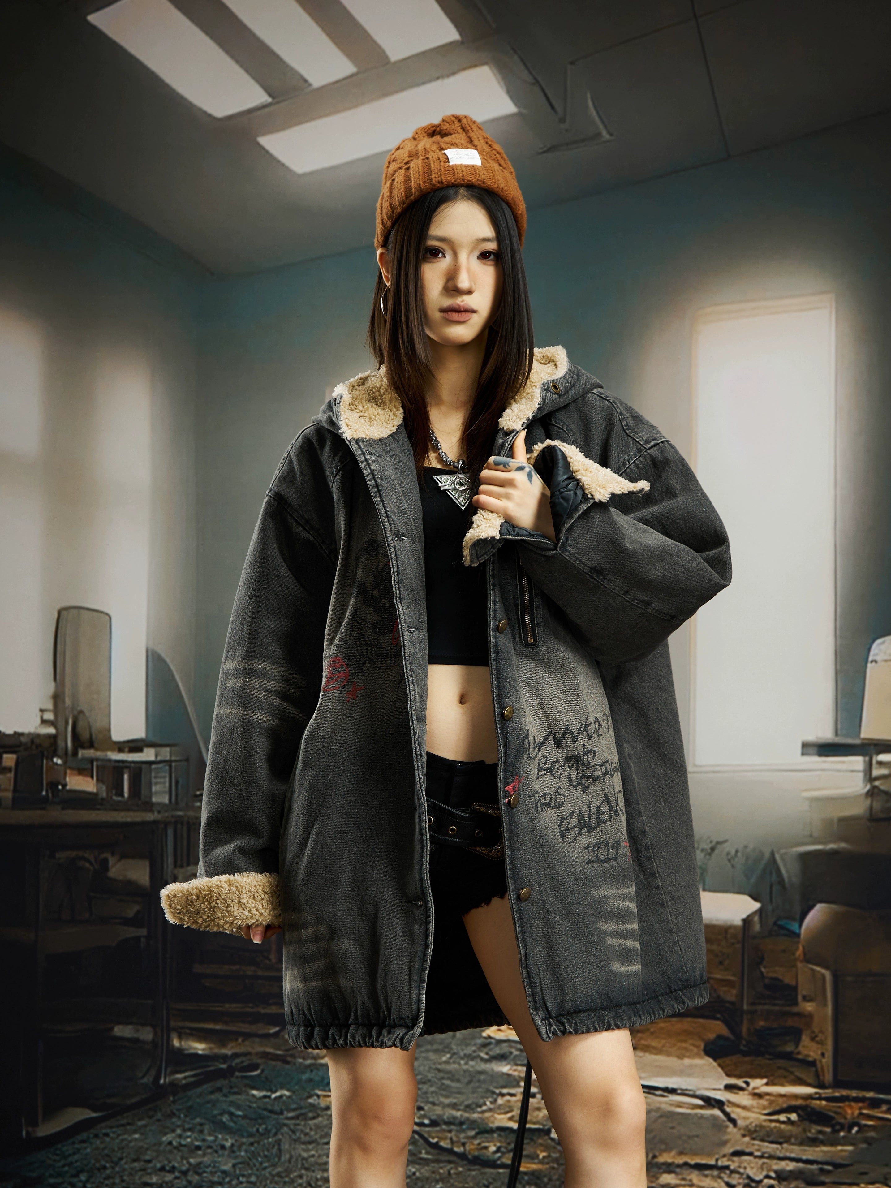 Washed Graffiti Denim Long Sherpa Jacket