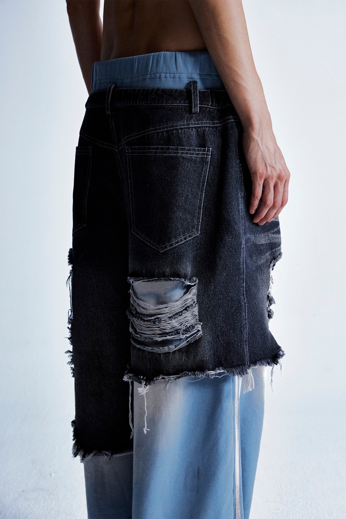 Fake Two-piece Contrast Color Stitching Ripped Jeans