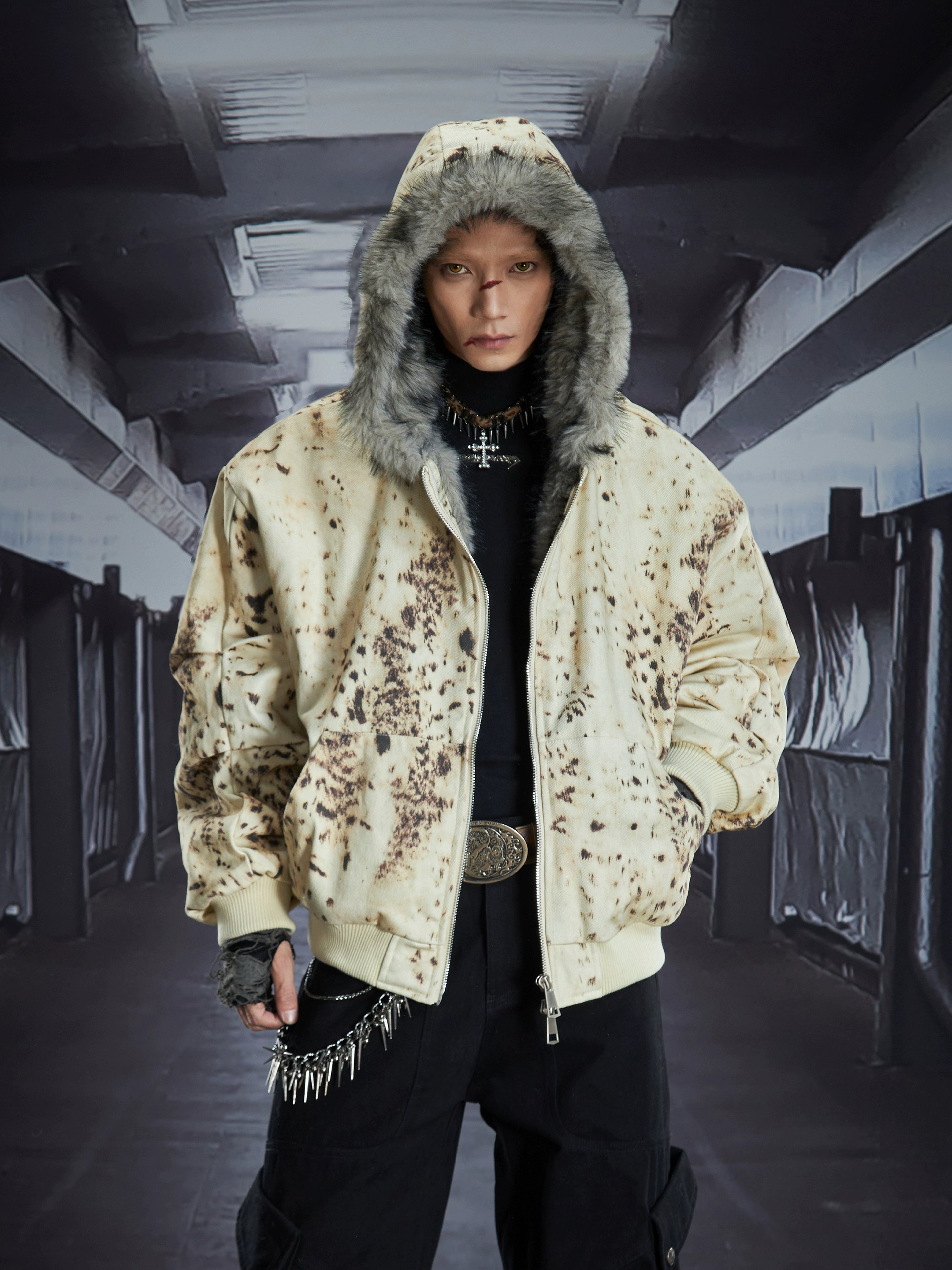 Wasteland Distressed Furry Hooded Cropped Heavy Puffer