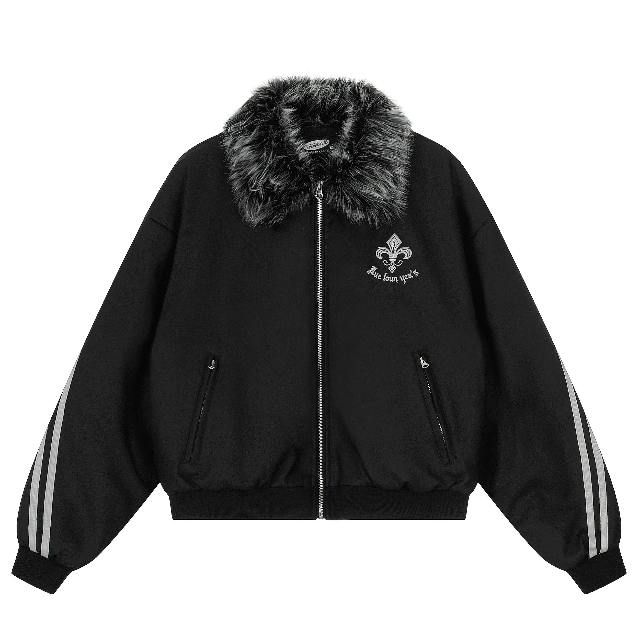 PU Leather Furry-Collar Embroidered Short Padded Jacket
