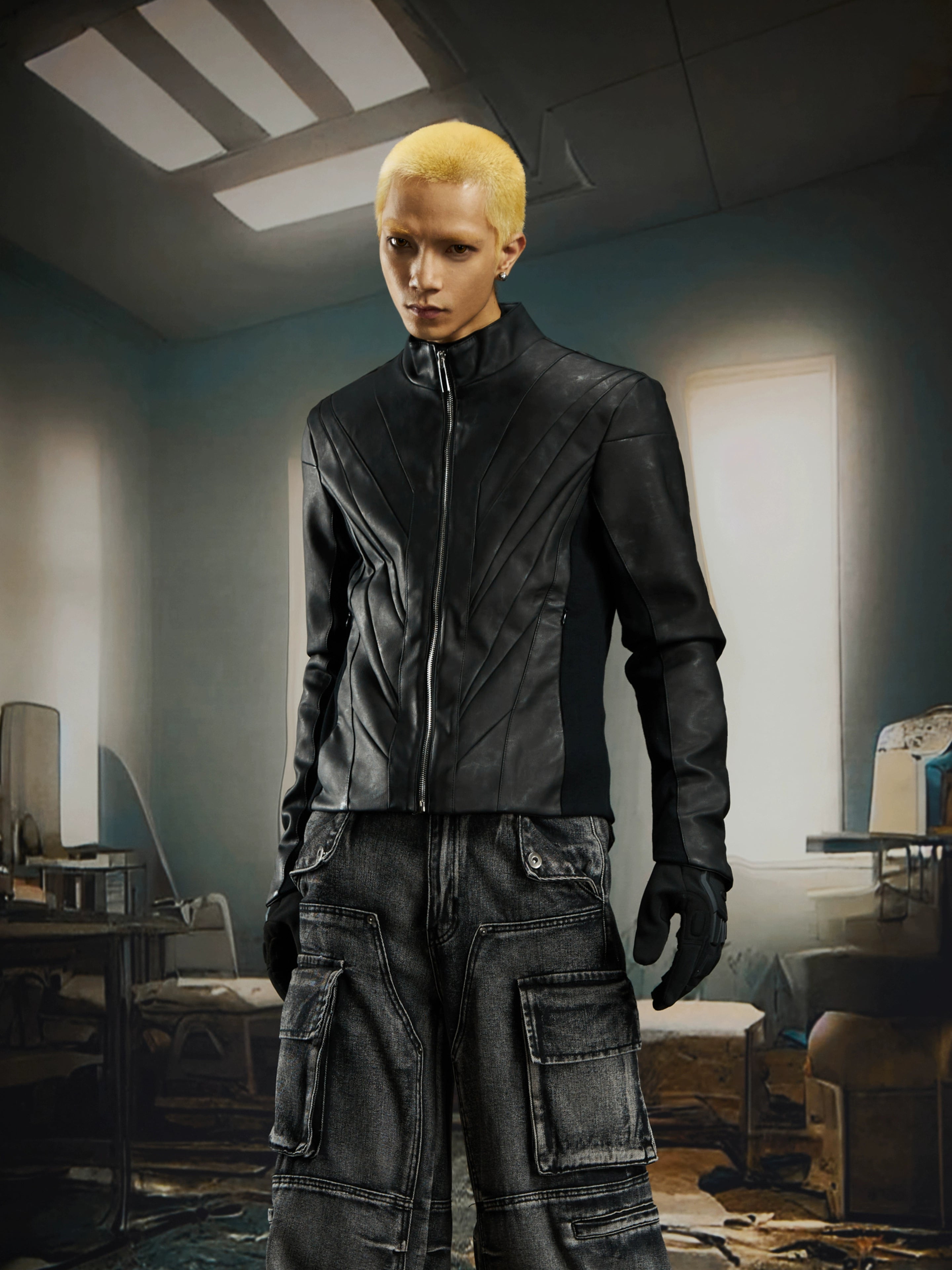 Futuristic Structured Short Leather Jacket