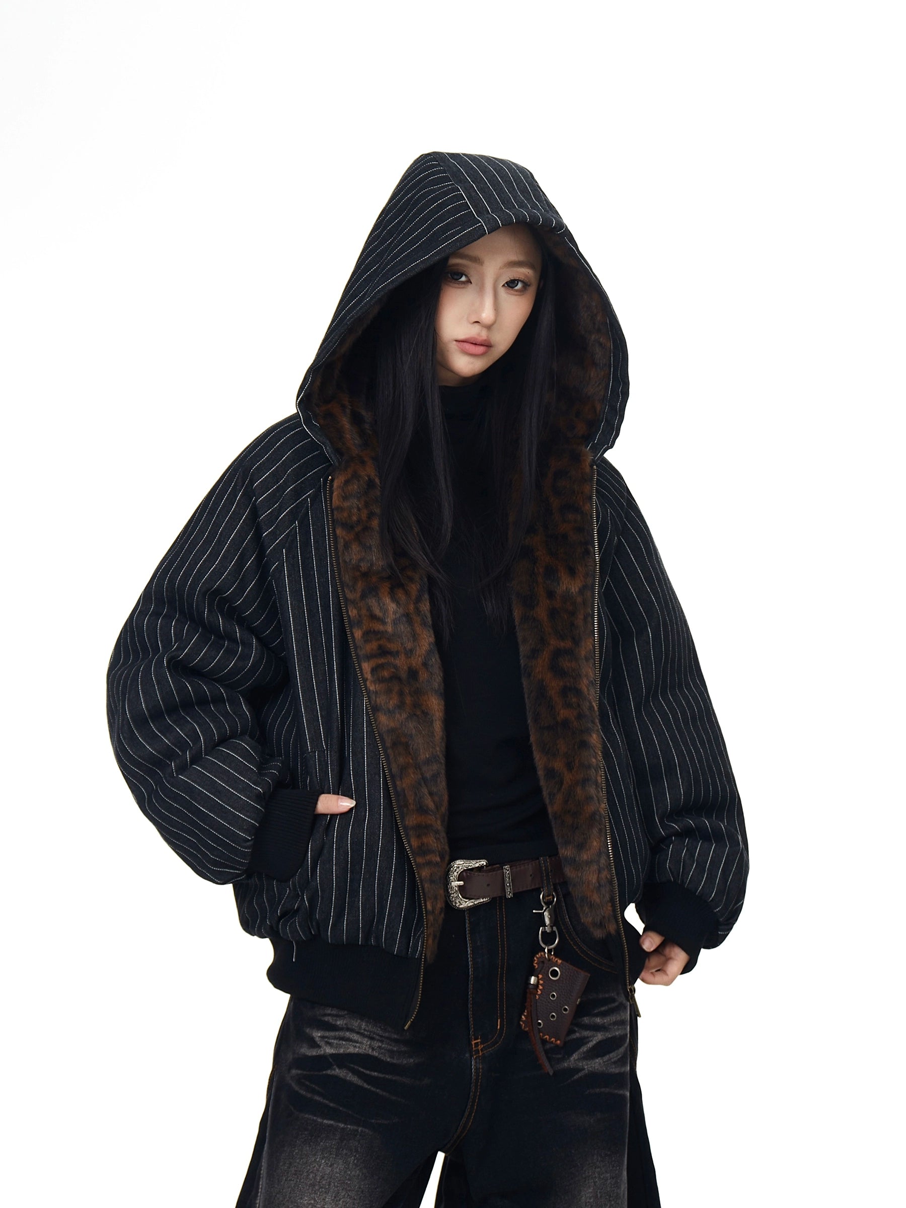 Leopard Plush Striped Spliced Hooded Puffer Coat