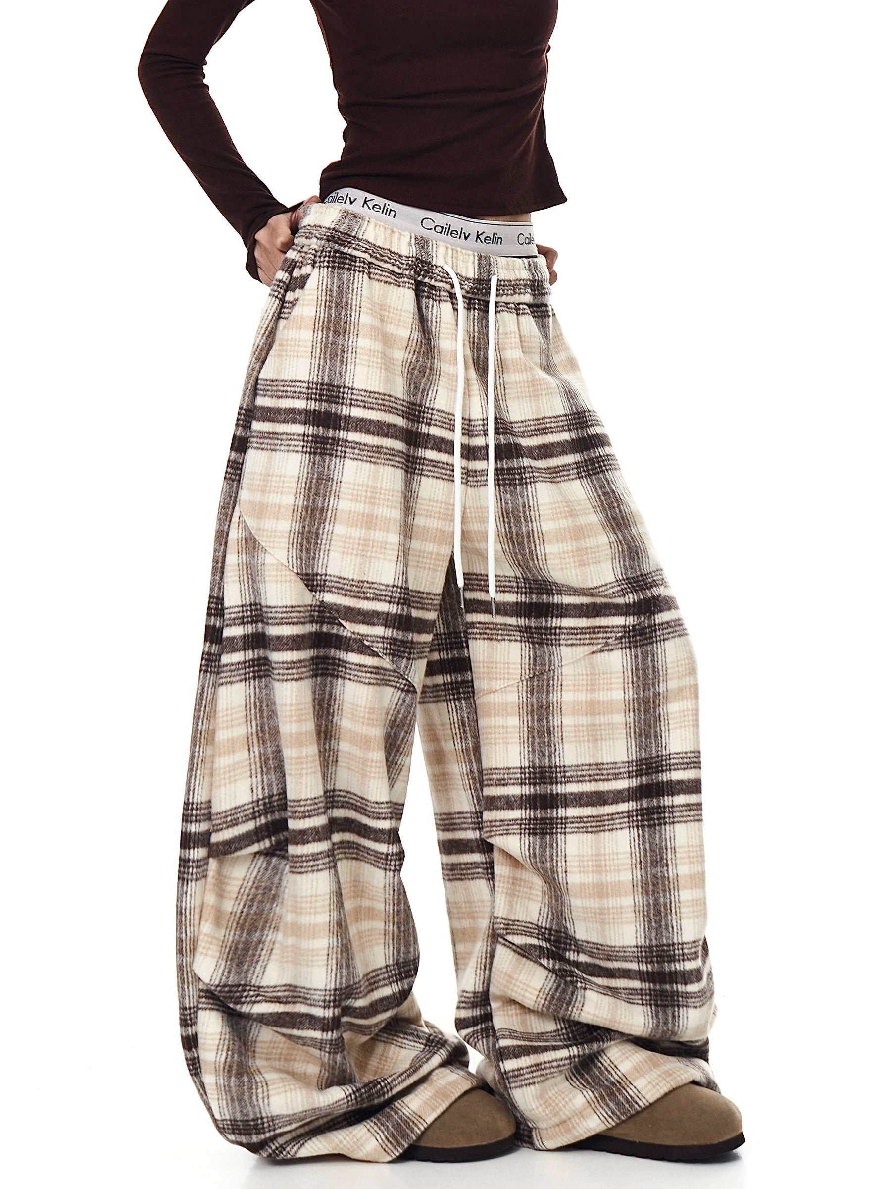 Plaid Wool Thickened Pleated Street Pants