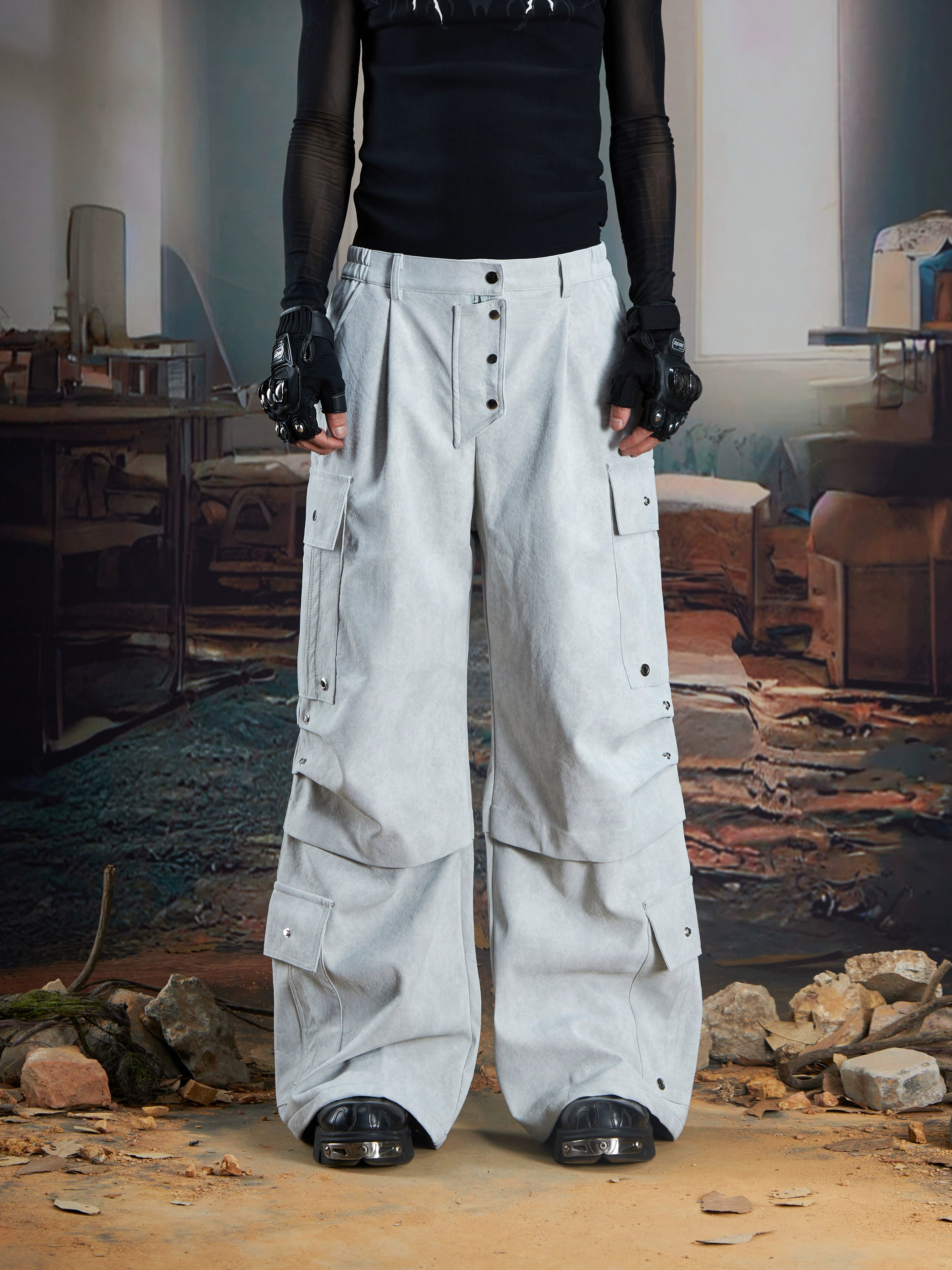 Matte Leather Multi-Pocket Studded Straight Pants