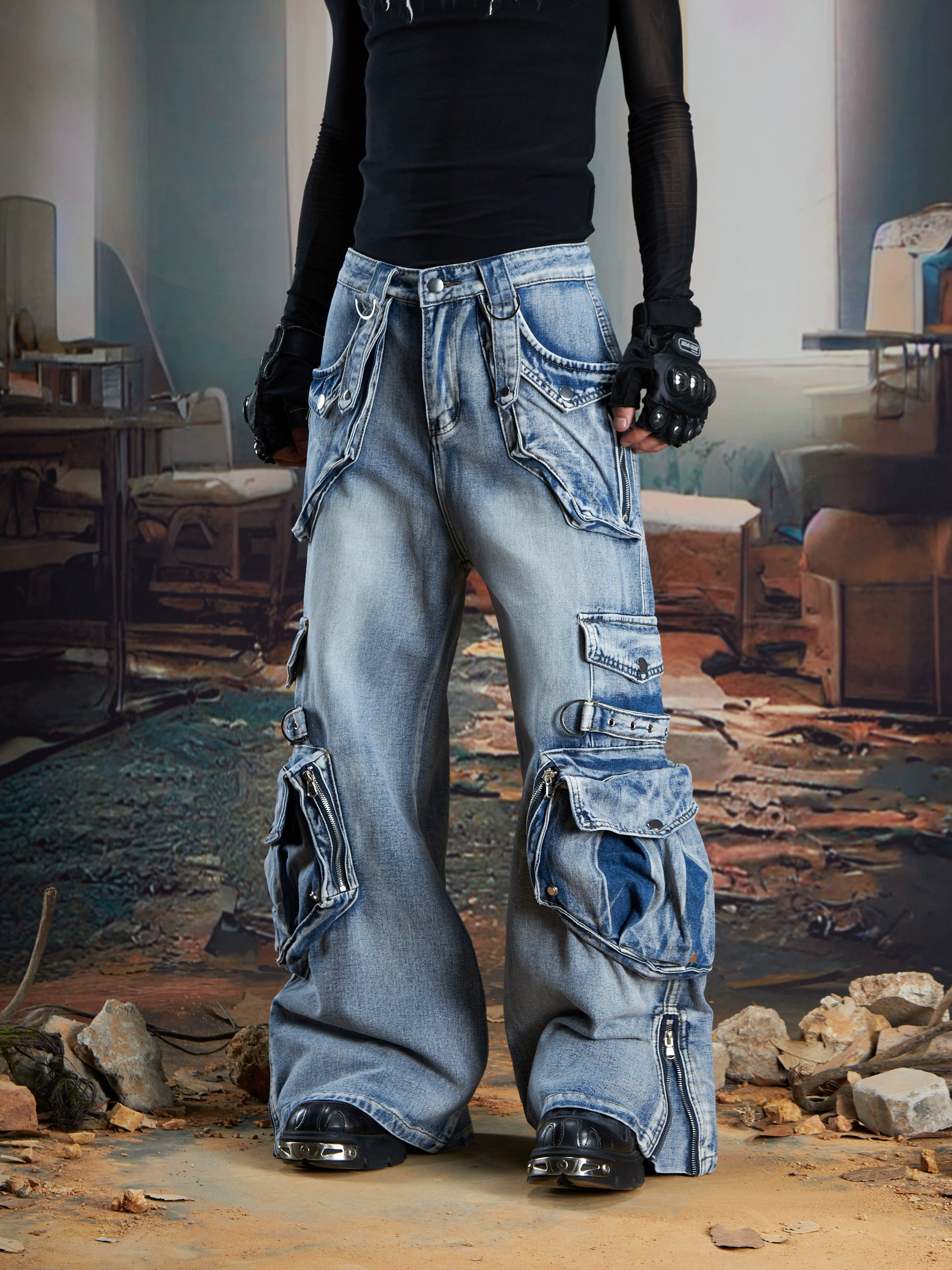 3D Utility Multi-Pocket Washed Deconstructed Cargo Jeans