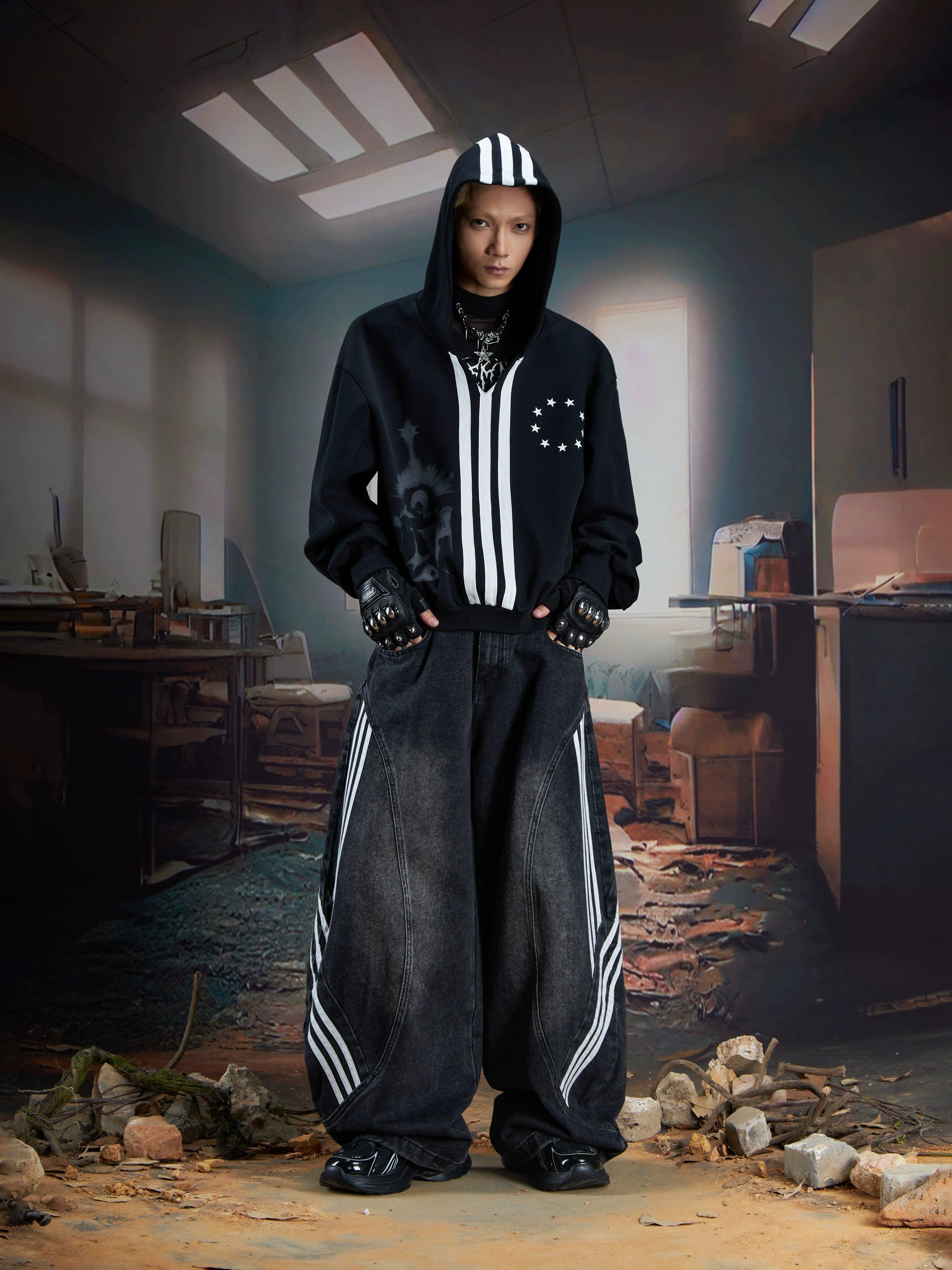 Three-Stripe Deconstructed Wide-Leg Denim Streetwear Pants