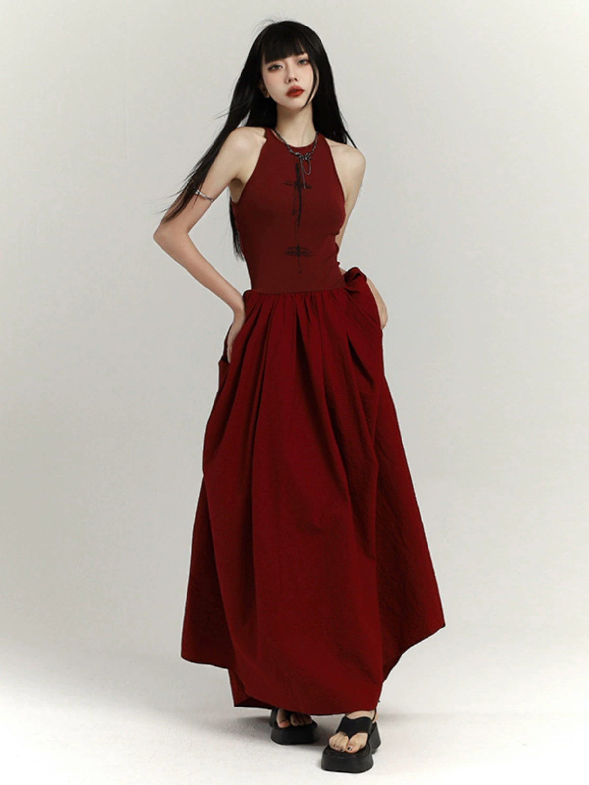 Red Waist Cinched Maxi Dress
