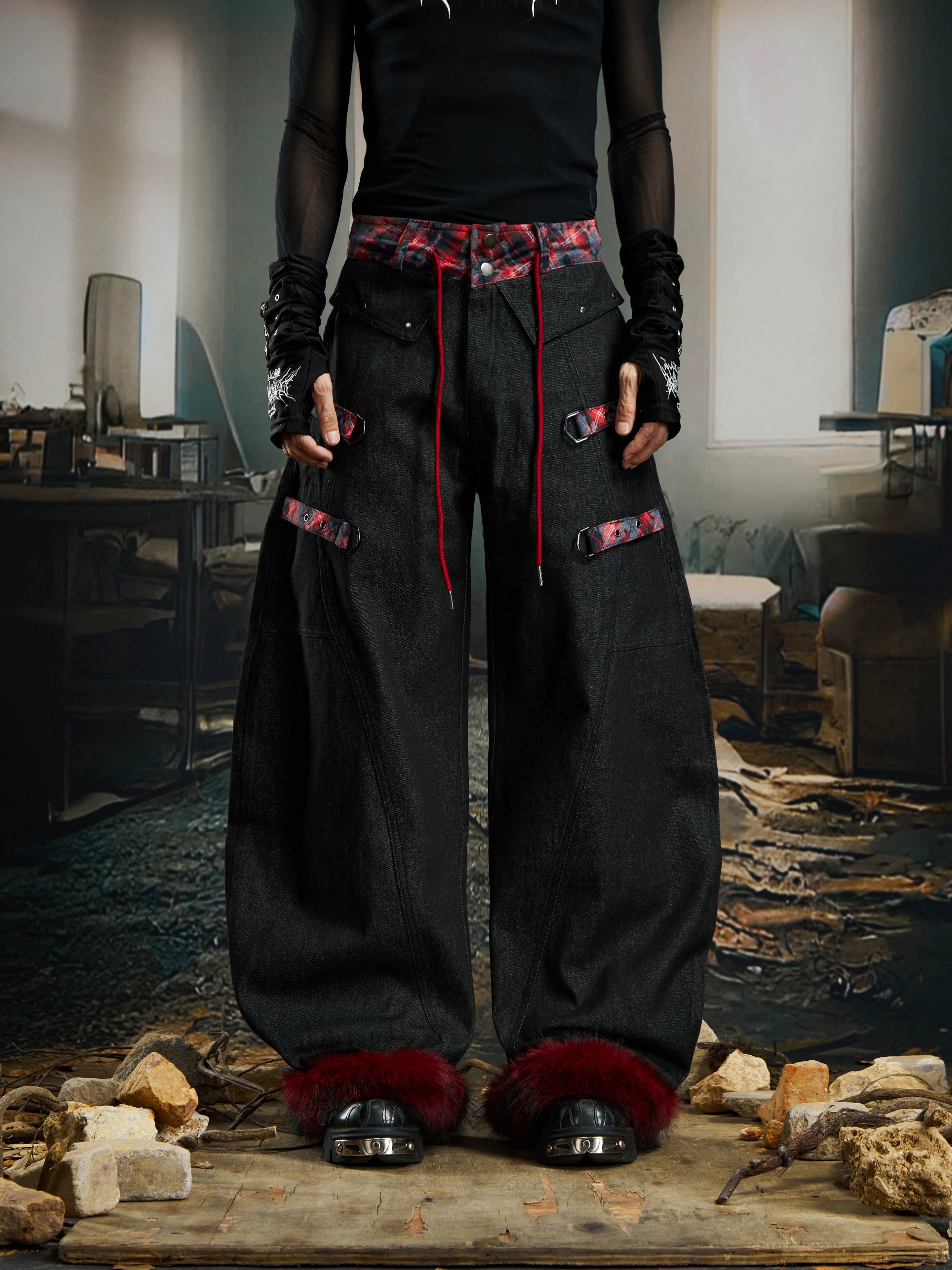 Y2K Plaid Patch Furry Detachable Hem Blade-Cut Jeans