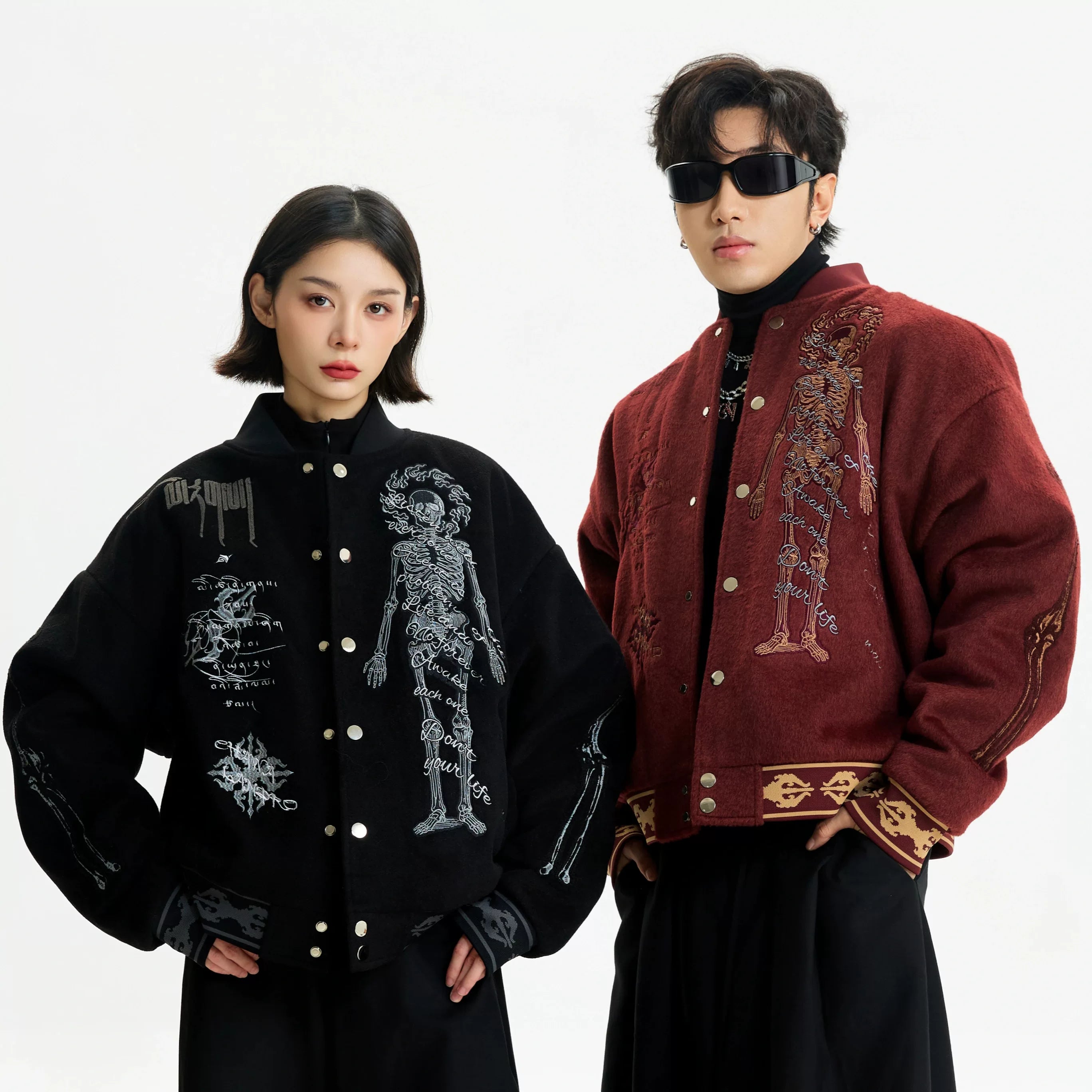 Sanhoostudio heavyweight varsity jacket with embroidery and warm construction. Designed for unisex winter streetwear.