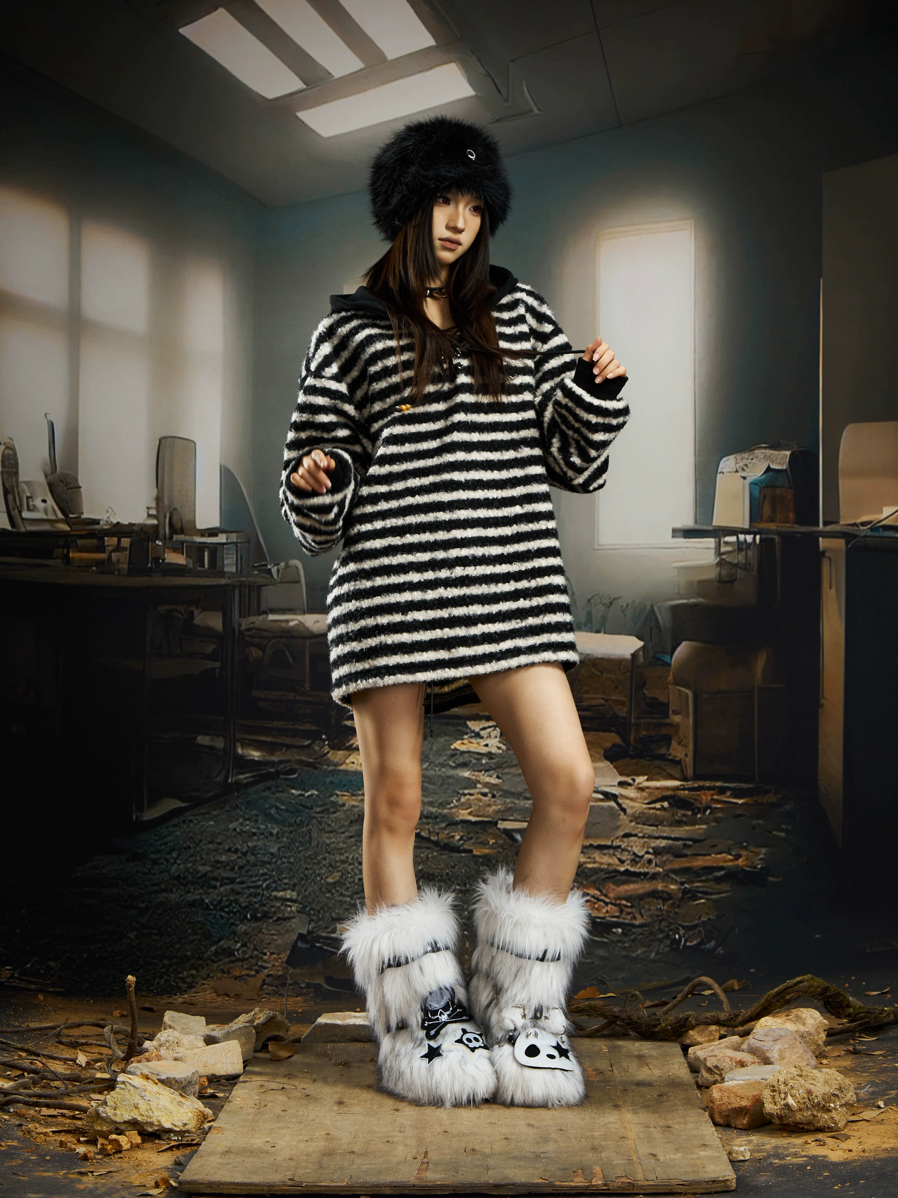 Striped Fleece Drawstring Hoodie with Cashmere Touch