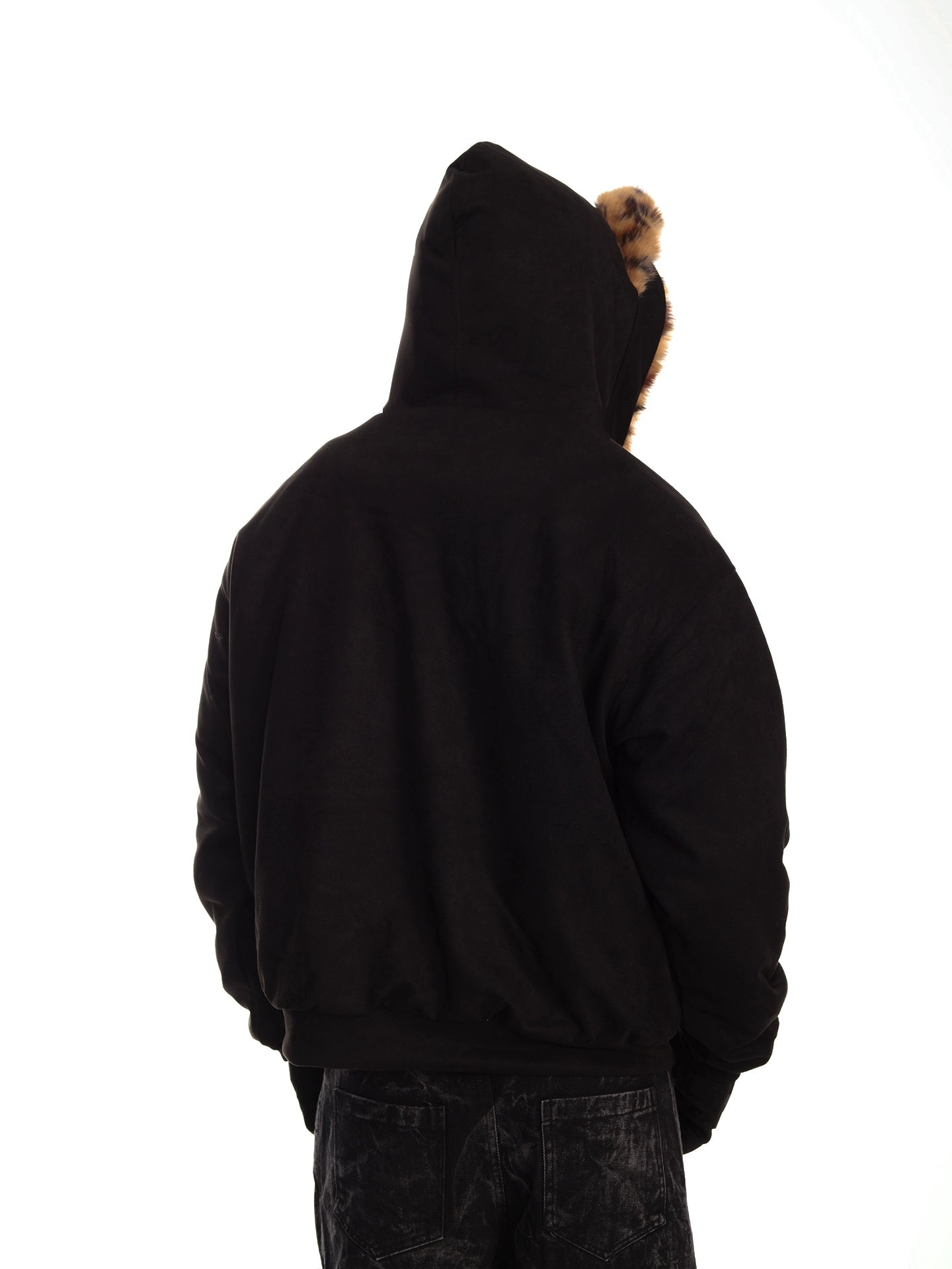 Vintage Black Suede Patchwork Leopard Fur Hooded Jacket