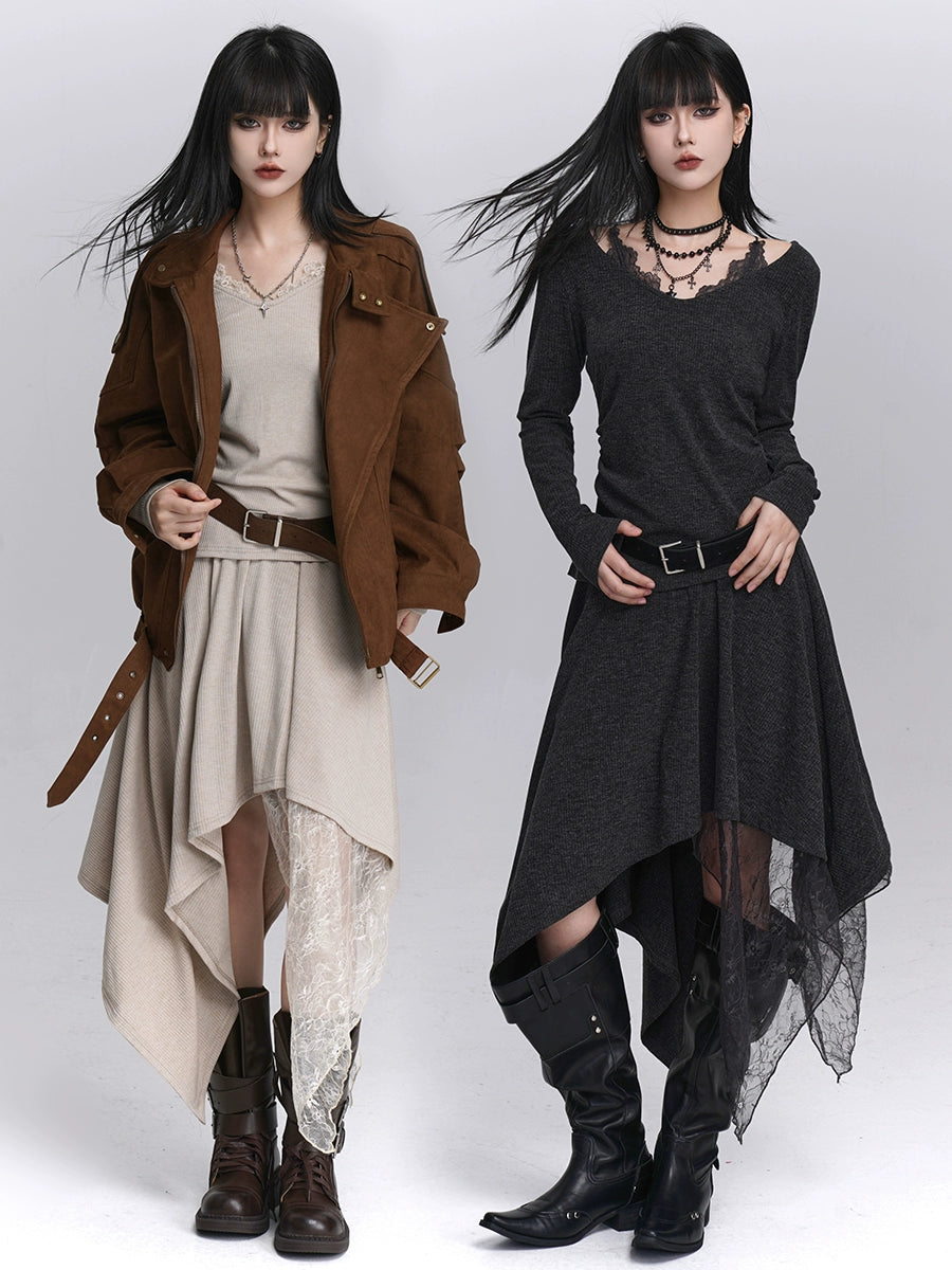 Discover Sanhoostudio’s early autumn two-piece skirt set with a unique off-shoulder top and irregular skirt. Ideal for chic layering, street fashion, and stylish day looks.