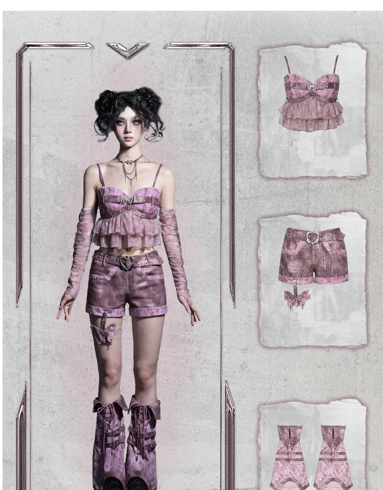 Sanhoostudio Convertible Strap Top crafted from 100% polyester features Y2K punk style with detachable straps and versatile design. Perfect for summer streetwear, casual layering, or festival outfits.