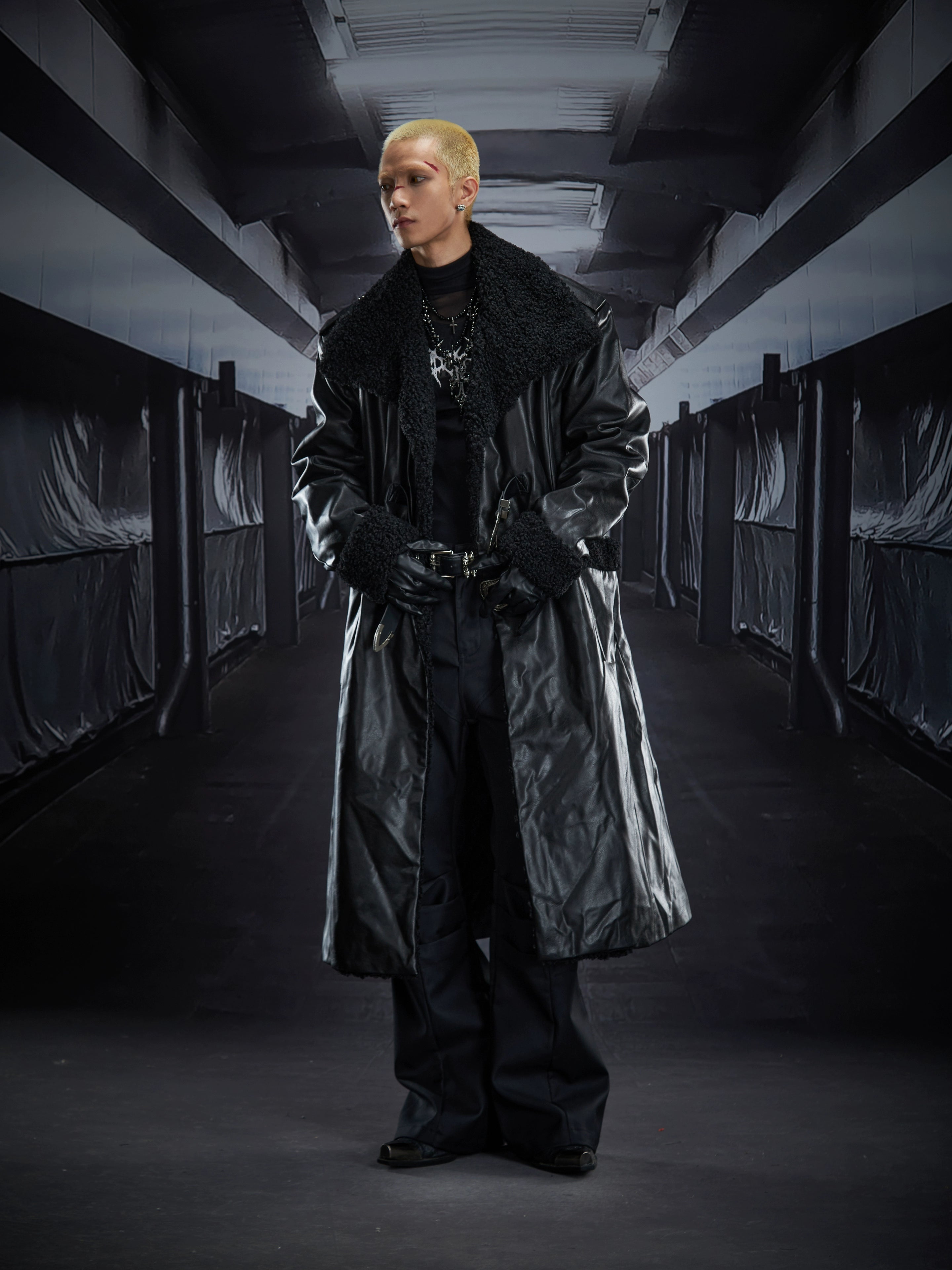 Belted Shearling-Lined Oversized Leather Trench Coat