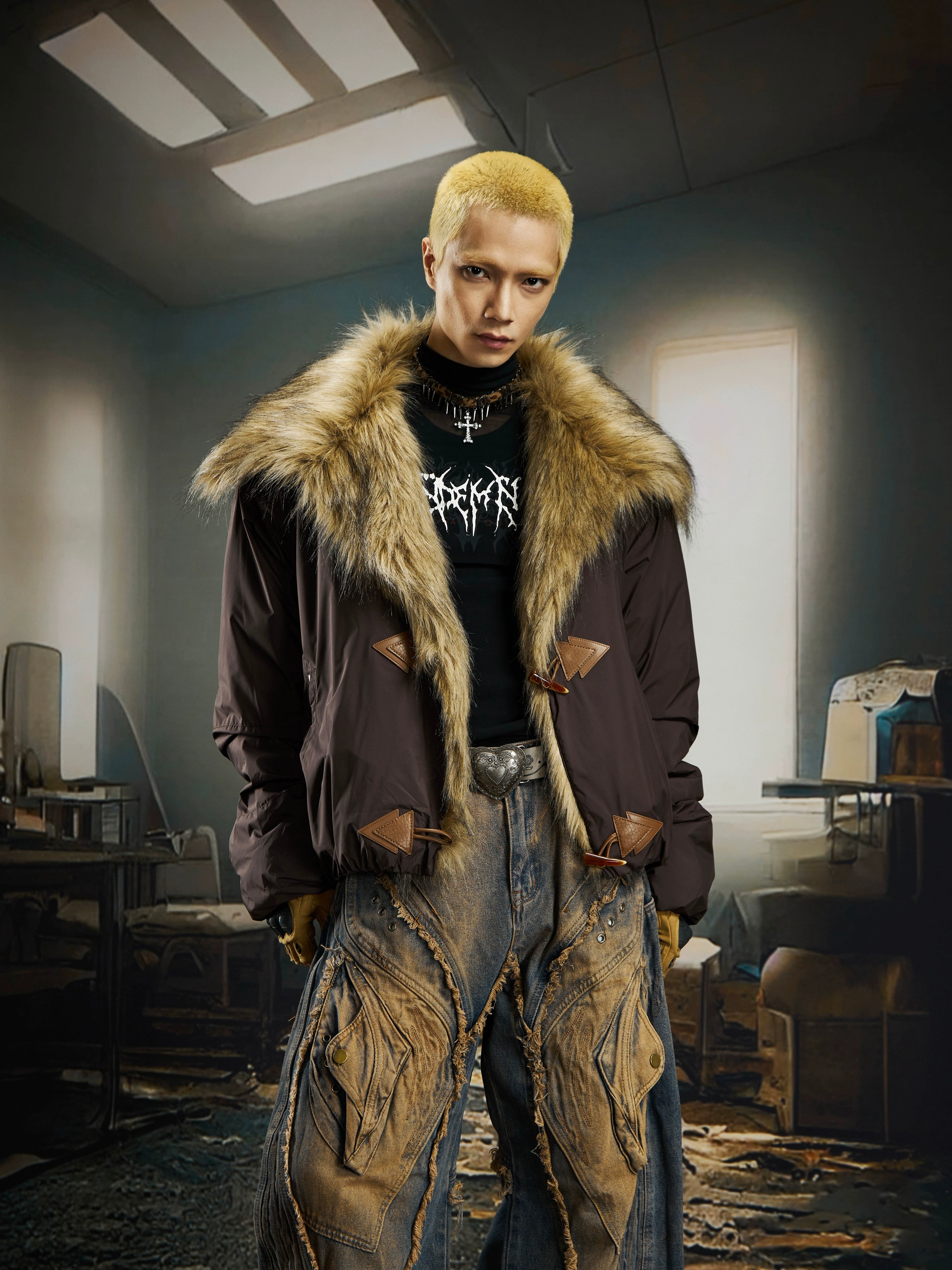 Luxe Wide-Lapels Fur-Trim Cropped Winter Puffer