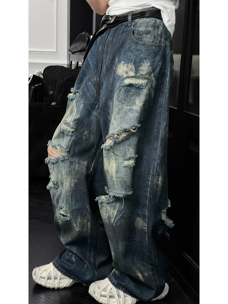 Distressed Washed Wide-Leg Denim Trousers