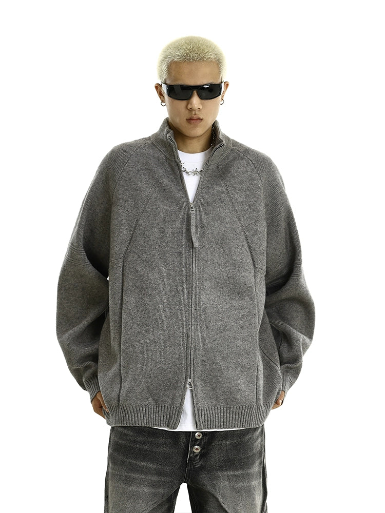 Heavyweight Zip-Up Knit Cardigan Sweater with Stand Collar