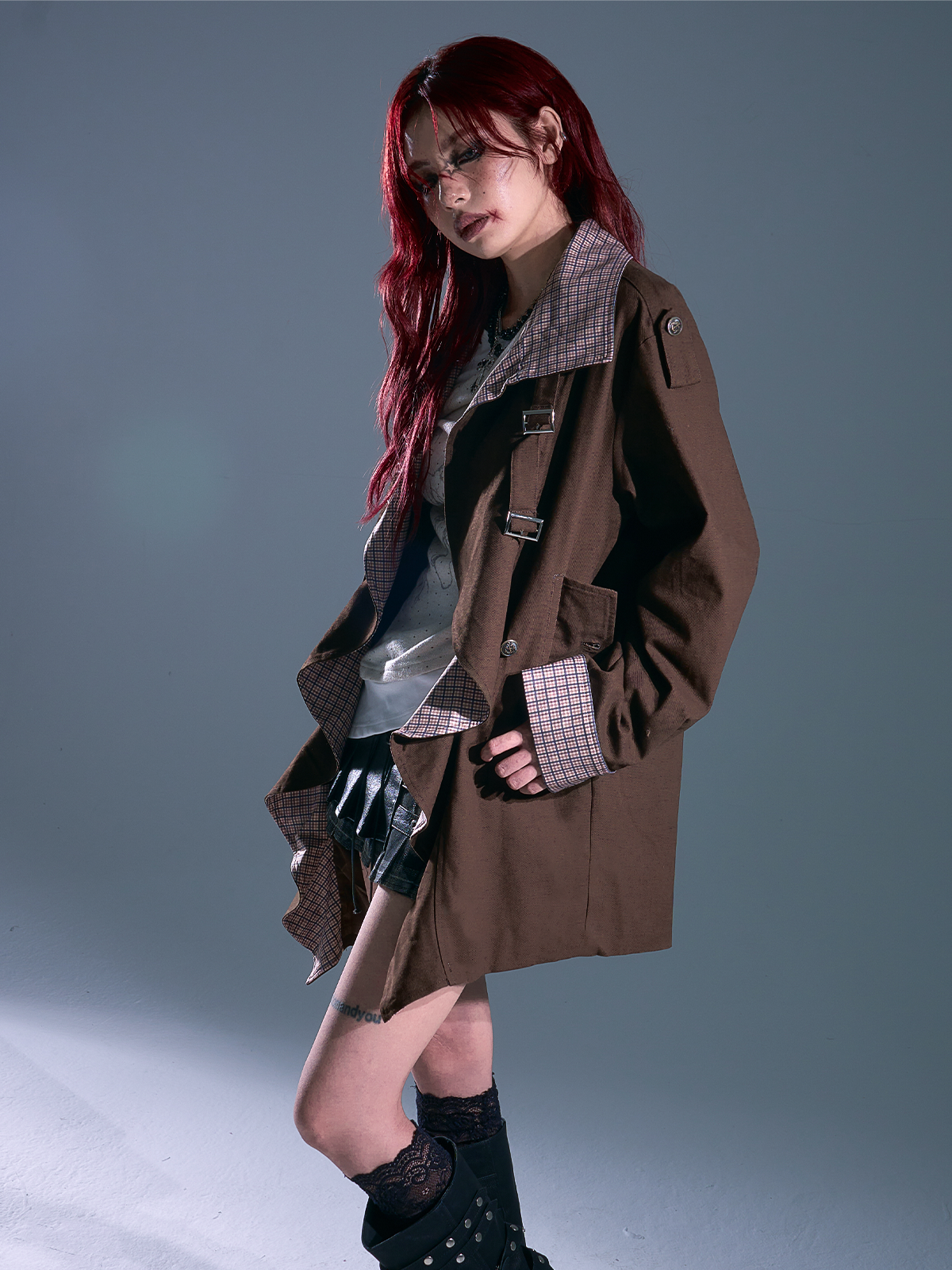 Vintage Plaid Contrast Lapel Long Coat