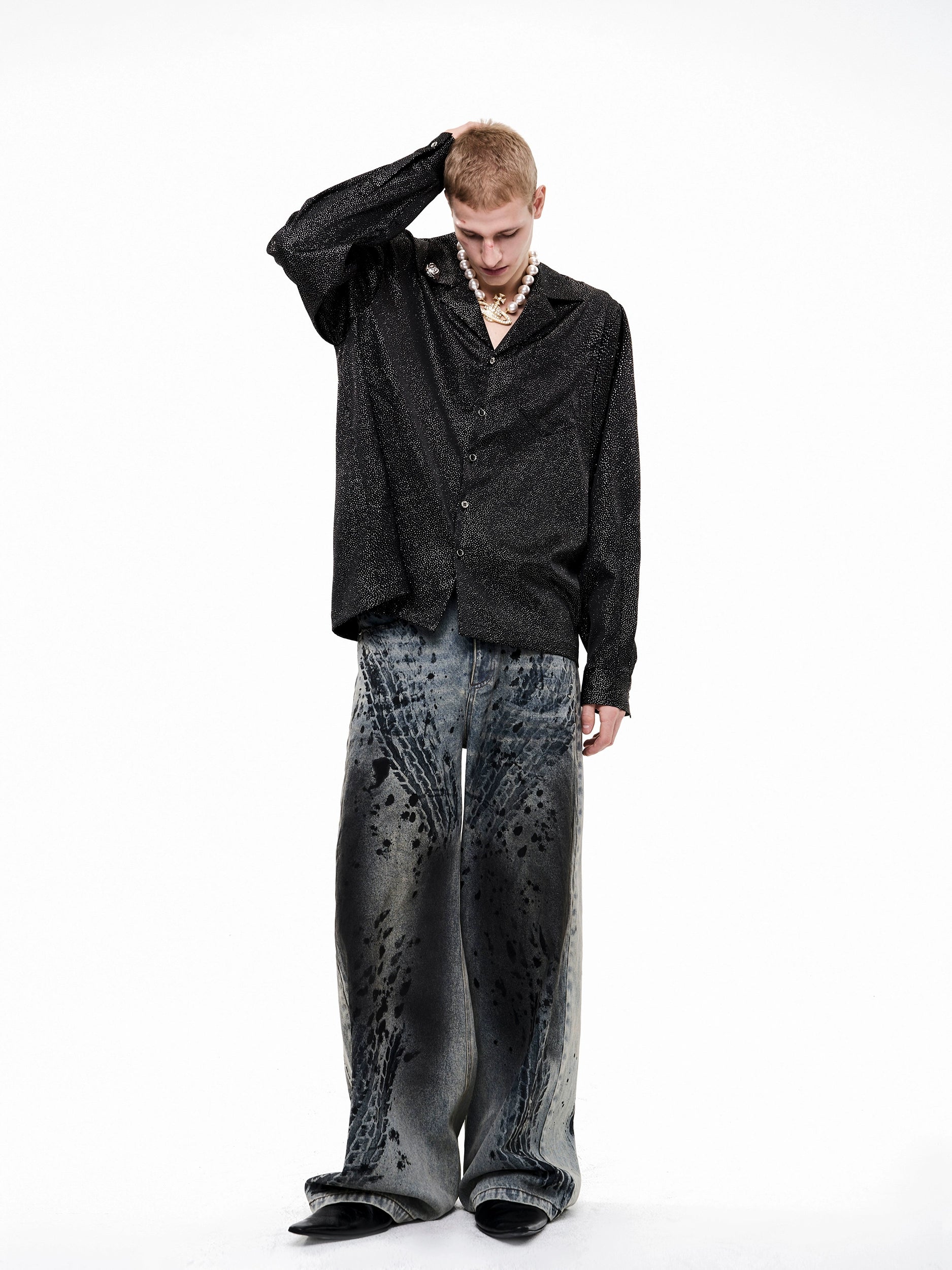 Luxury Rhinestone Rose Cuban Collar Shirt