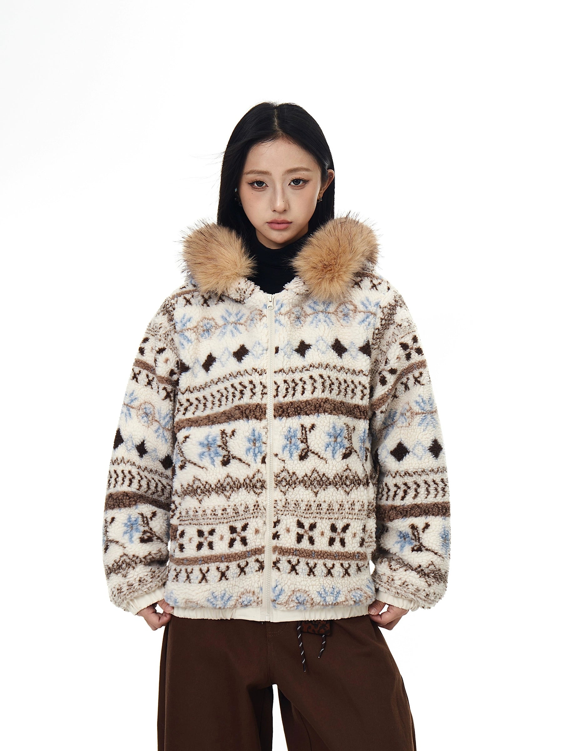 Fair Isle Fur-Hood Sherpa Thick Winter Jacket