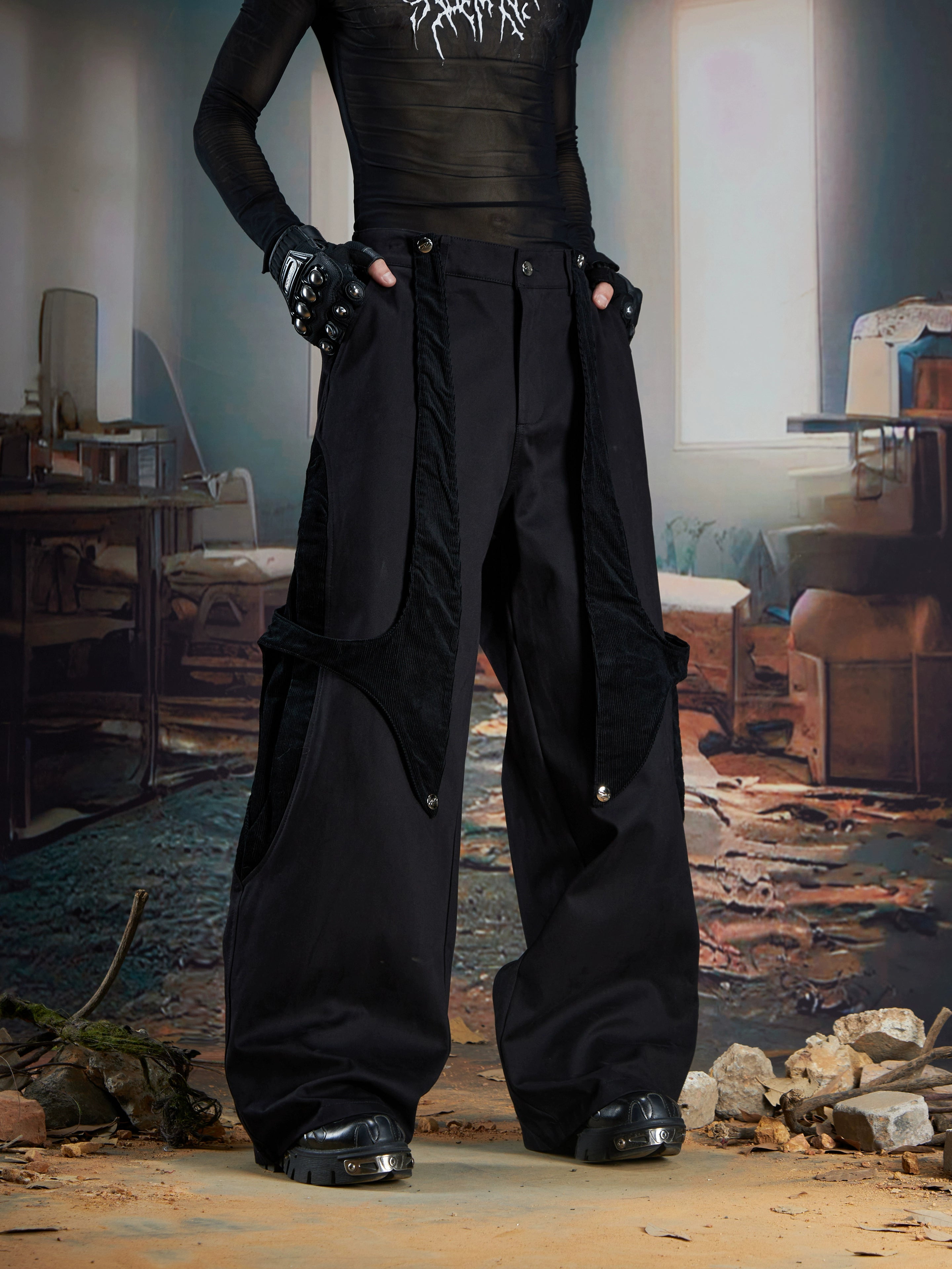 Detachable Panel Corduroy Straight-Leg Pants Two-Way Wear