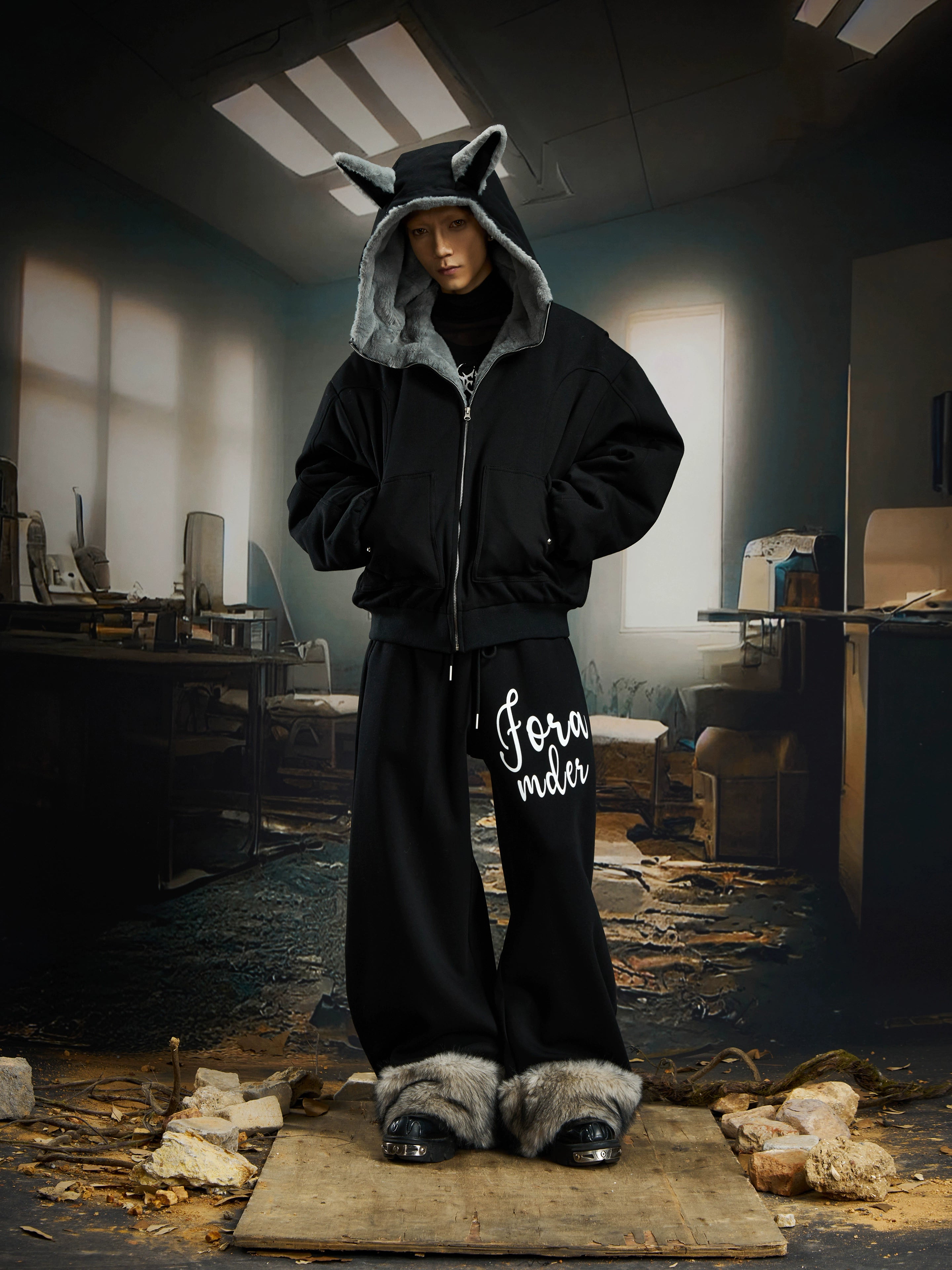 Vintage Bunny-Ear Hooded Sweatshirt Puffer Jacket