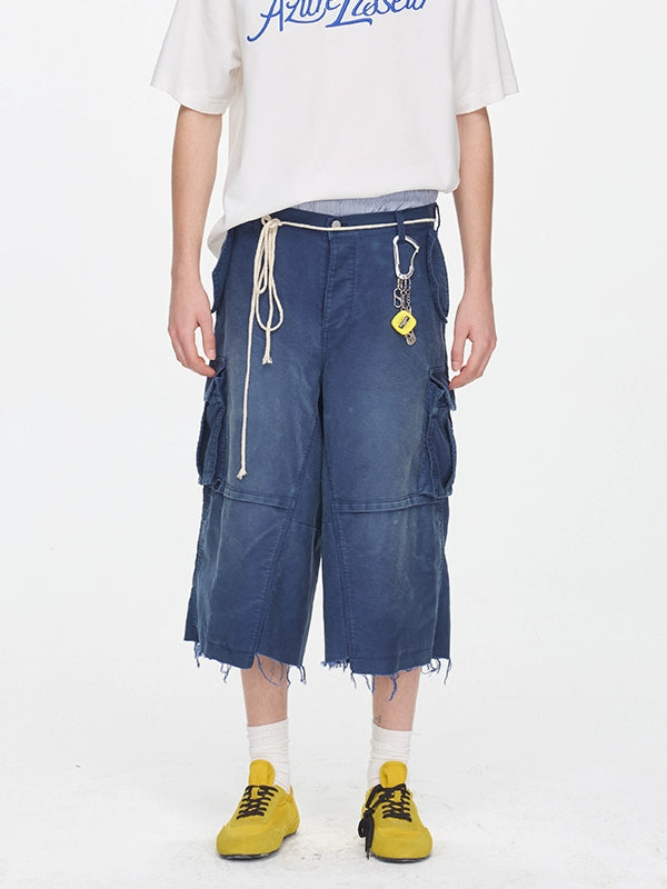 【25s Sep.】Washed Distressed Mole-Skin Cropped Cargo Pants