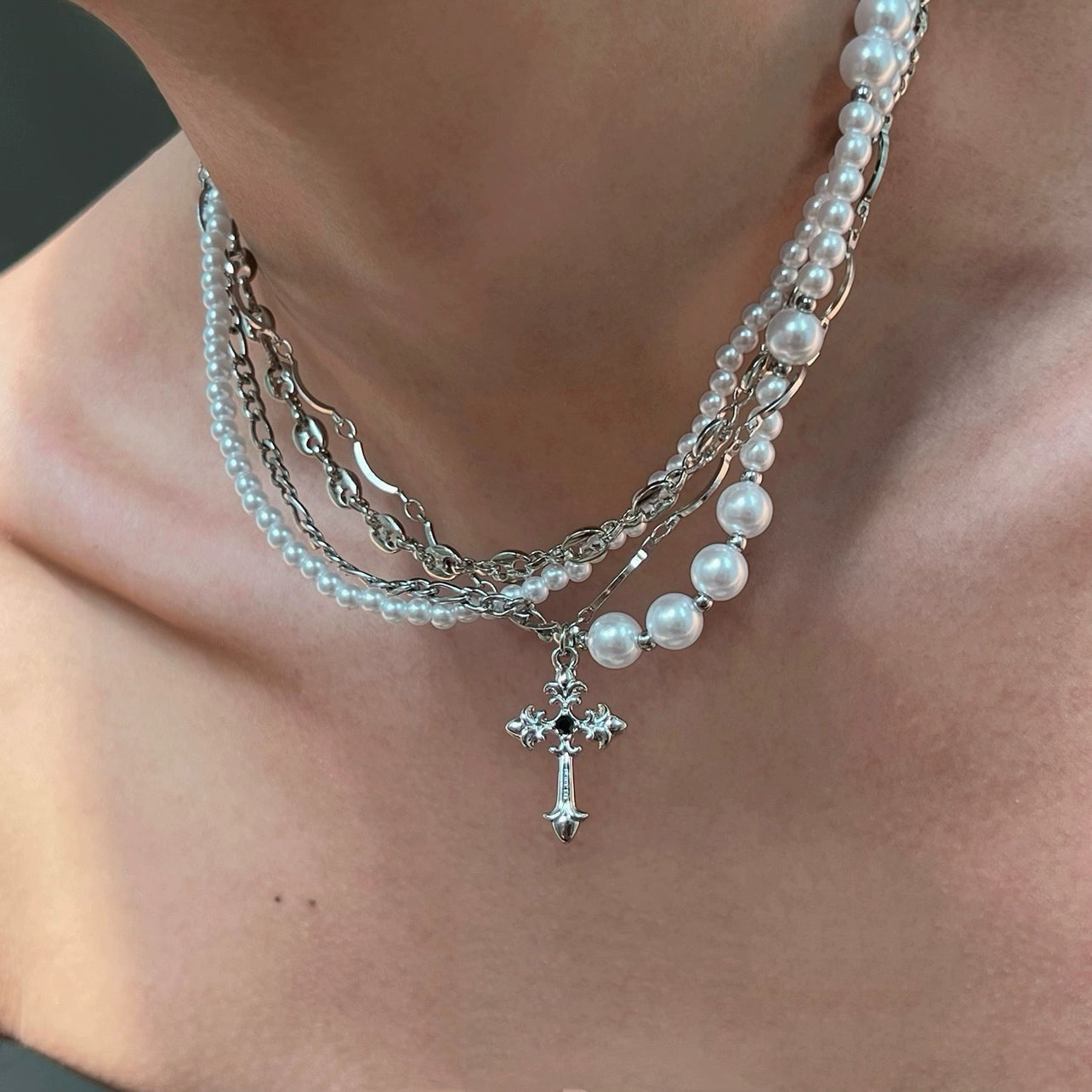 California Cross Pearl Multi-Layer Necklace