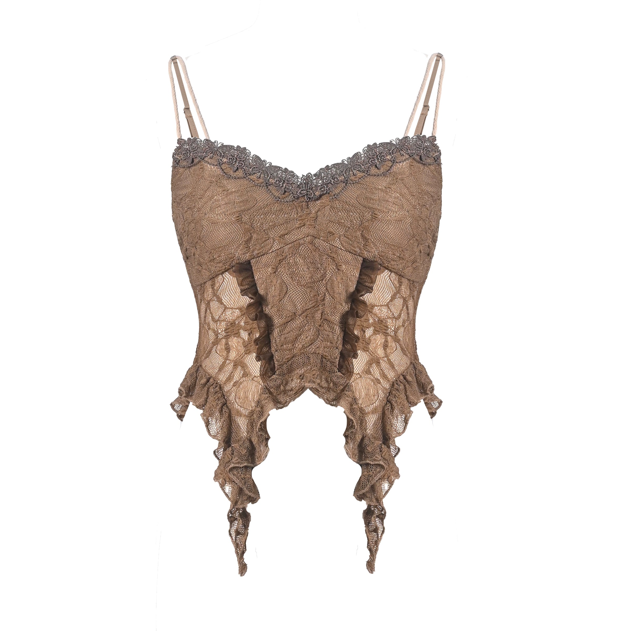 Sanhoostudio Lace Hollow Tank Top made from 100% polyester features retro punk style with lace cut-out details. Perfect for summer layering, streetwear, and casual festival outfits.