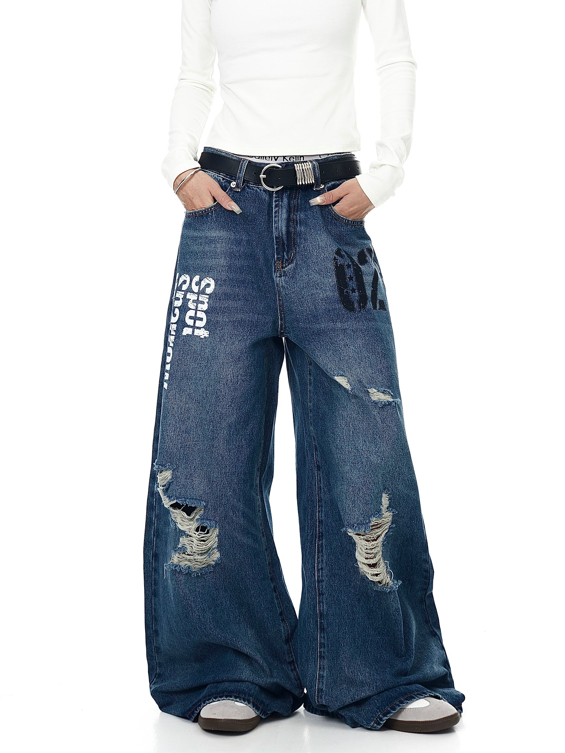 Distressed Letter Print Ripped Flare Denim Jeans