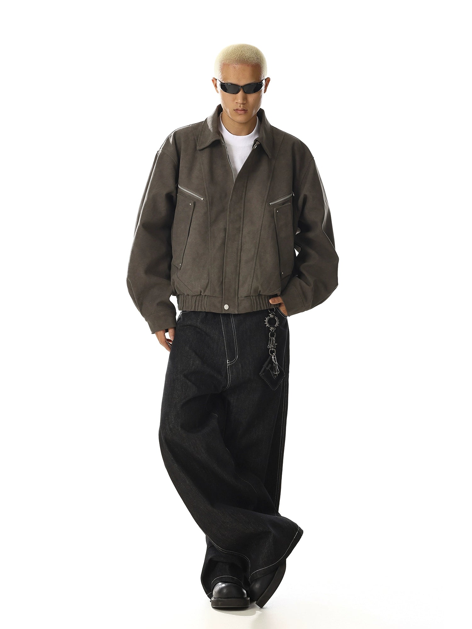 Vintage Leather Utility Jacket with Multi-Pocket Streetwear Style