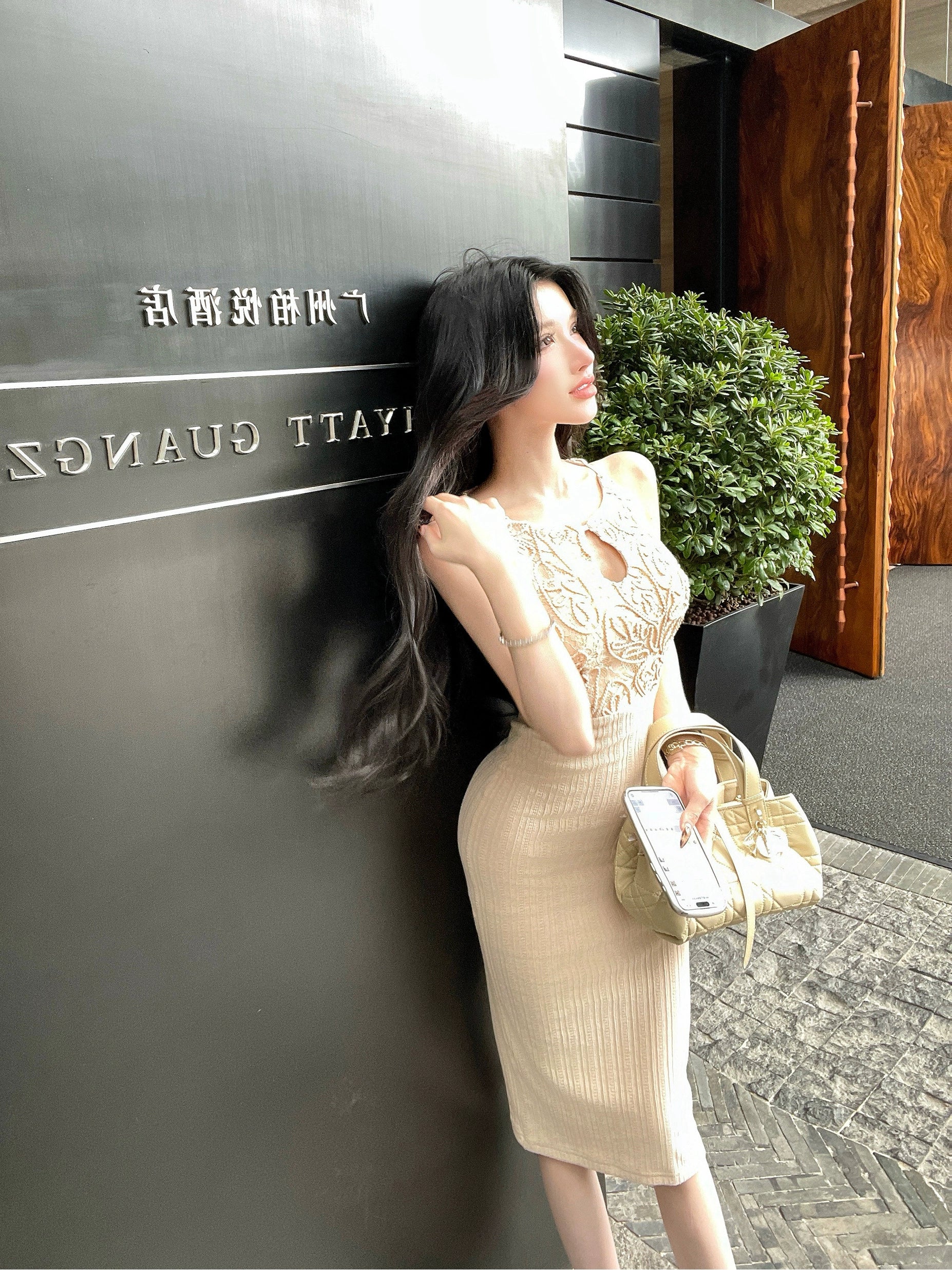 Elegant Lace Knit Midi Dress