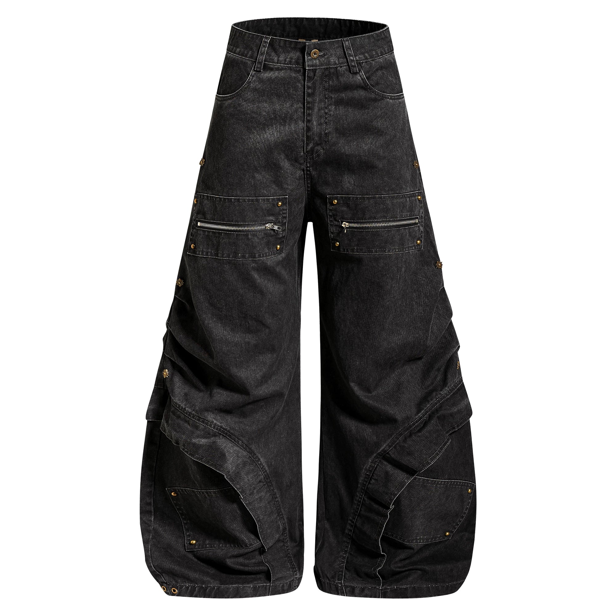 Sanhoostudio workwear denim pants featuring heavy patchwork construction and multiple utility pockets. Designed with a wide leg silhouette for modern streetwear outfits.
