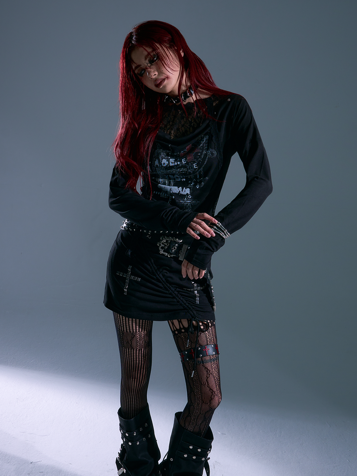 Punk Rock Lace Hoodie Dress with Print