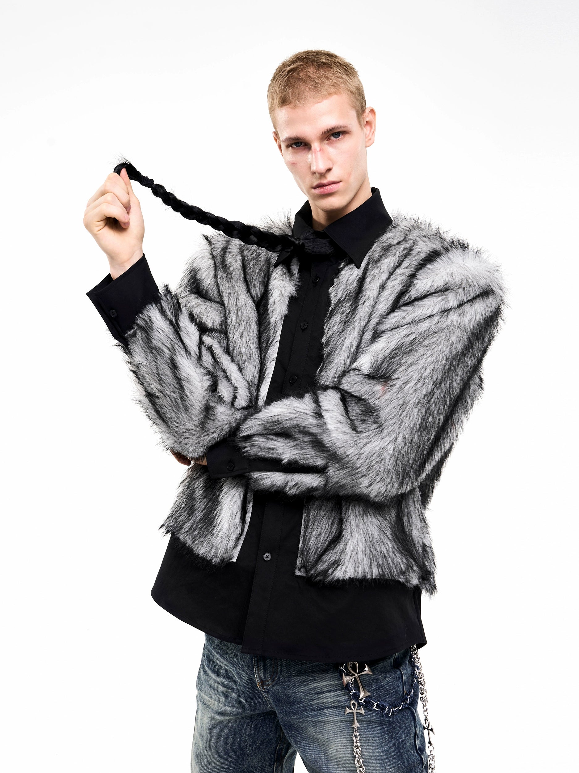 Faux Fur Patchwork Long Sleeve Shirt