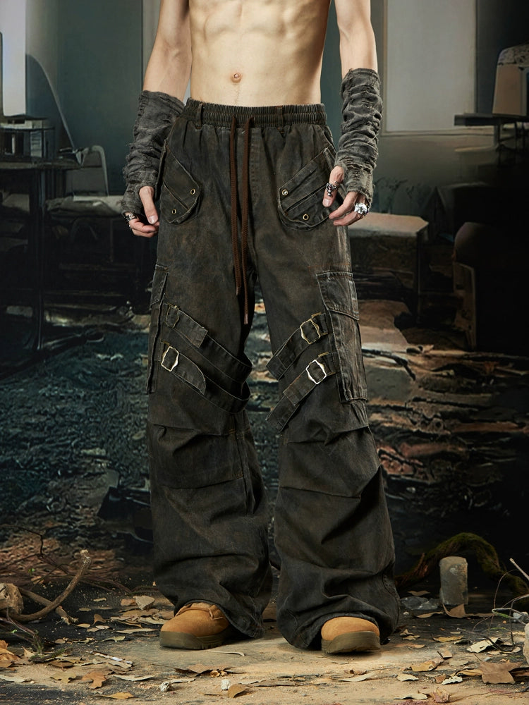 Washed Layered Pleated Multi-Pocket Utility Cargo Pants