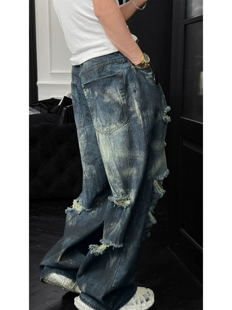 Distressed Washed Wide-Leg Denim Trousers