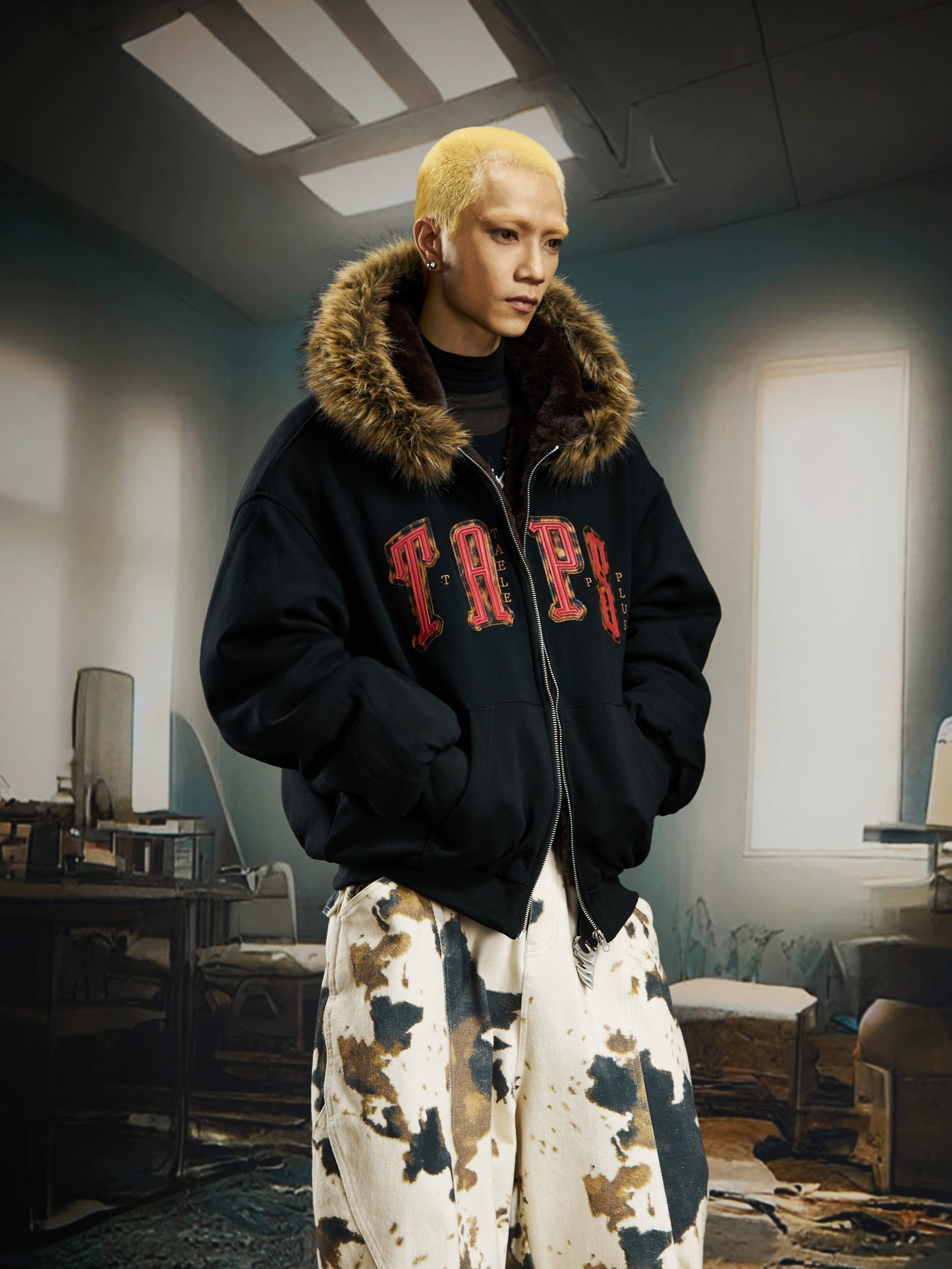 A bold leopard patchwork hooded puffer jacket with color-block faux-fur details. Designed by Sanhoostudio for standout winter street layering and heavy warm comfort.