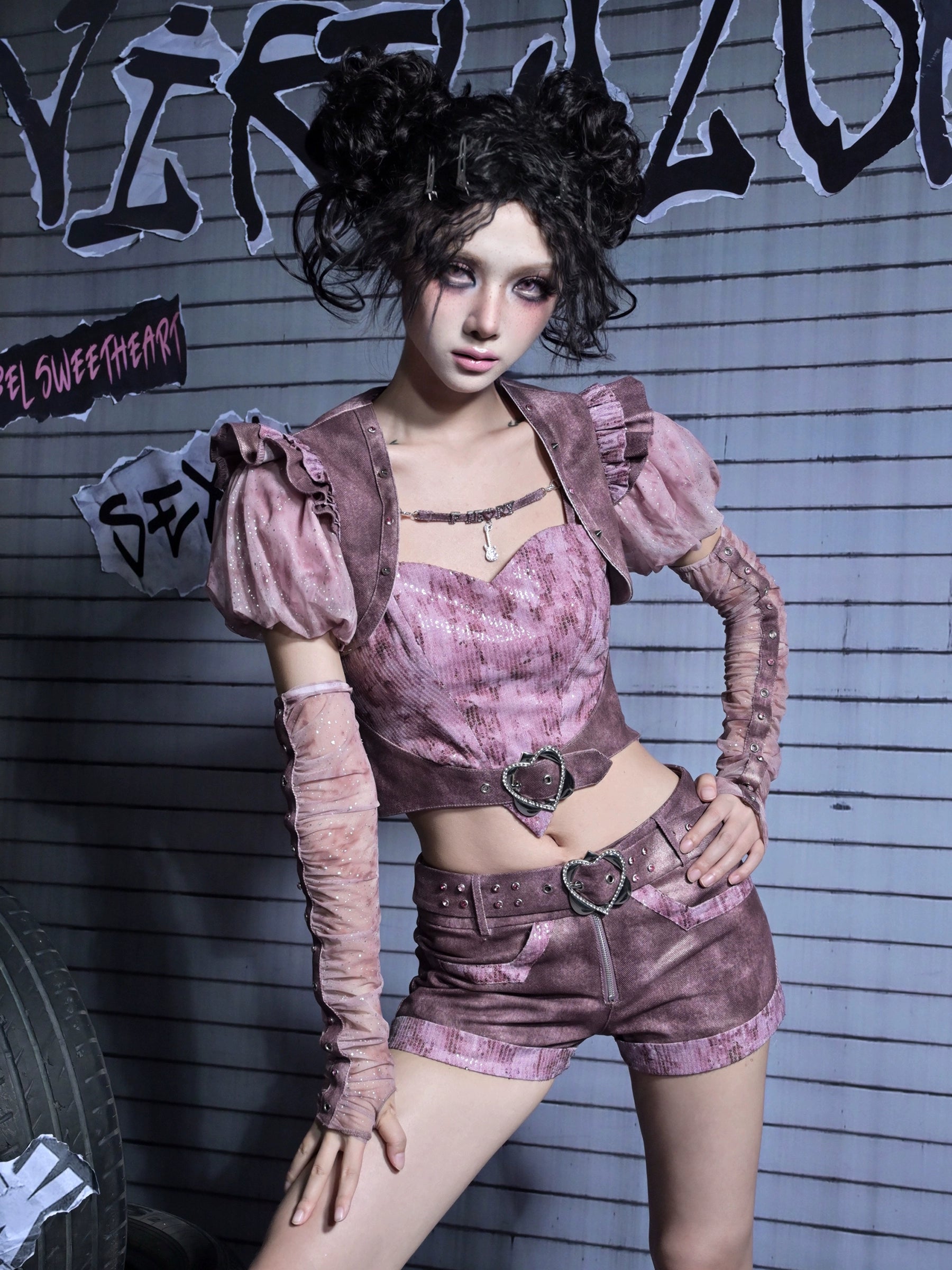 Puff Sleeve Heart Strap Top Set