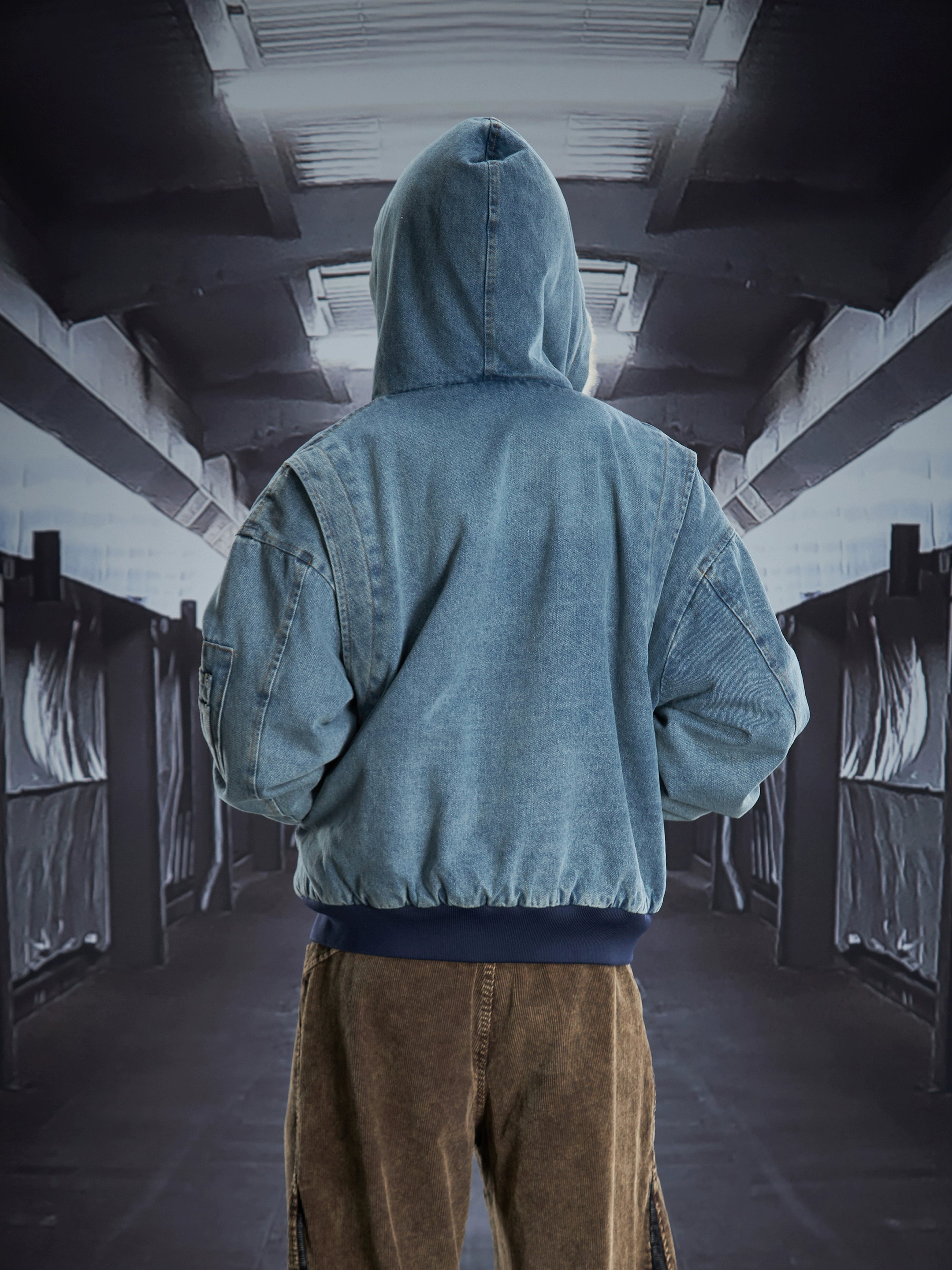 Washed Denim Leopard-Fur Hooded Puffer Jacket