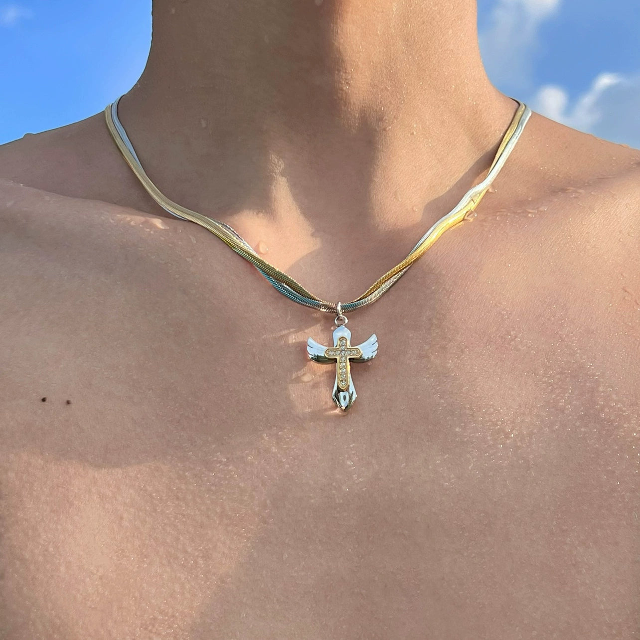 Gold-Plated Double Cross Titanium Necklace
