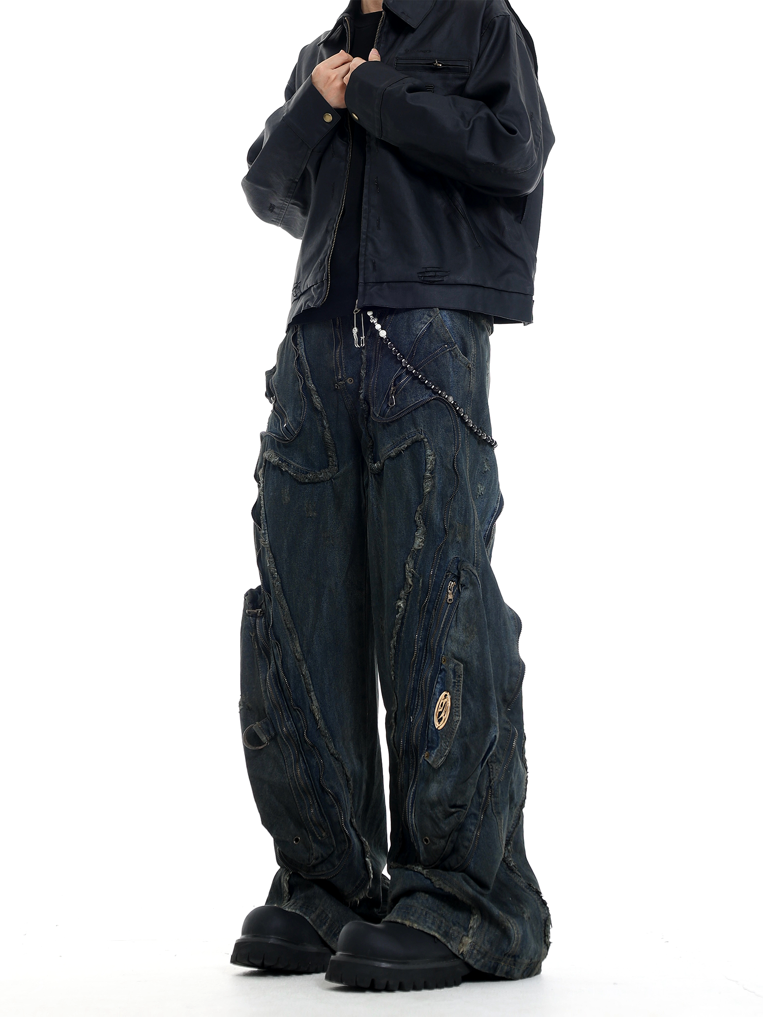 Spliced Distressed Raw Edge Clean-fit Straight Jeans