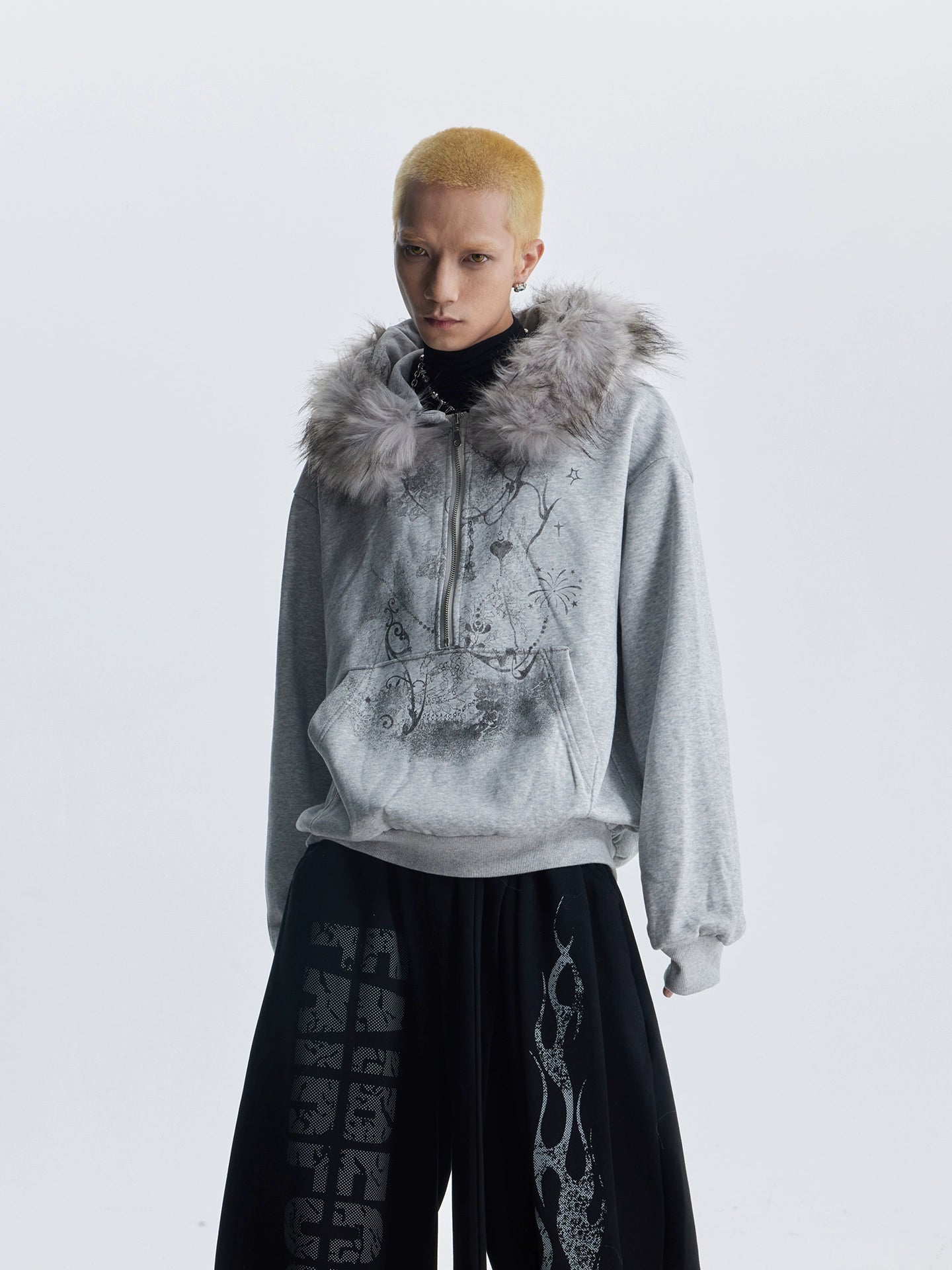 Y2K Furry Half-Zip Hoodie with Printed Details